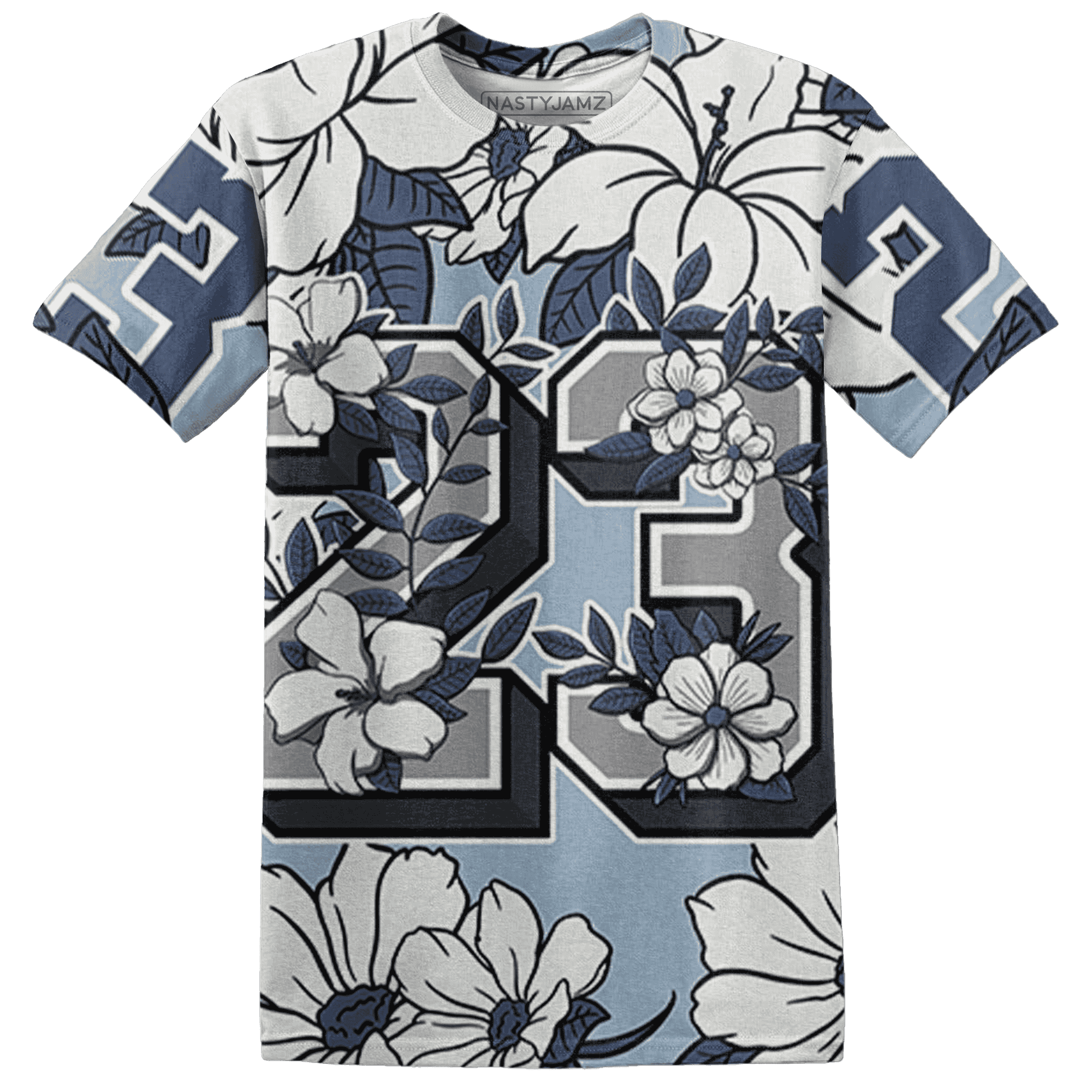 Mid Diffused Blue Grey 1s T Shirt Match 23 Floral 3D All-Over Print Flower - NastyJamz