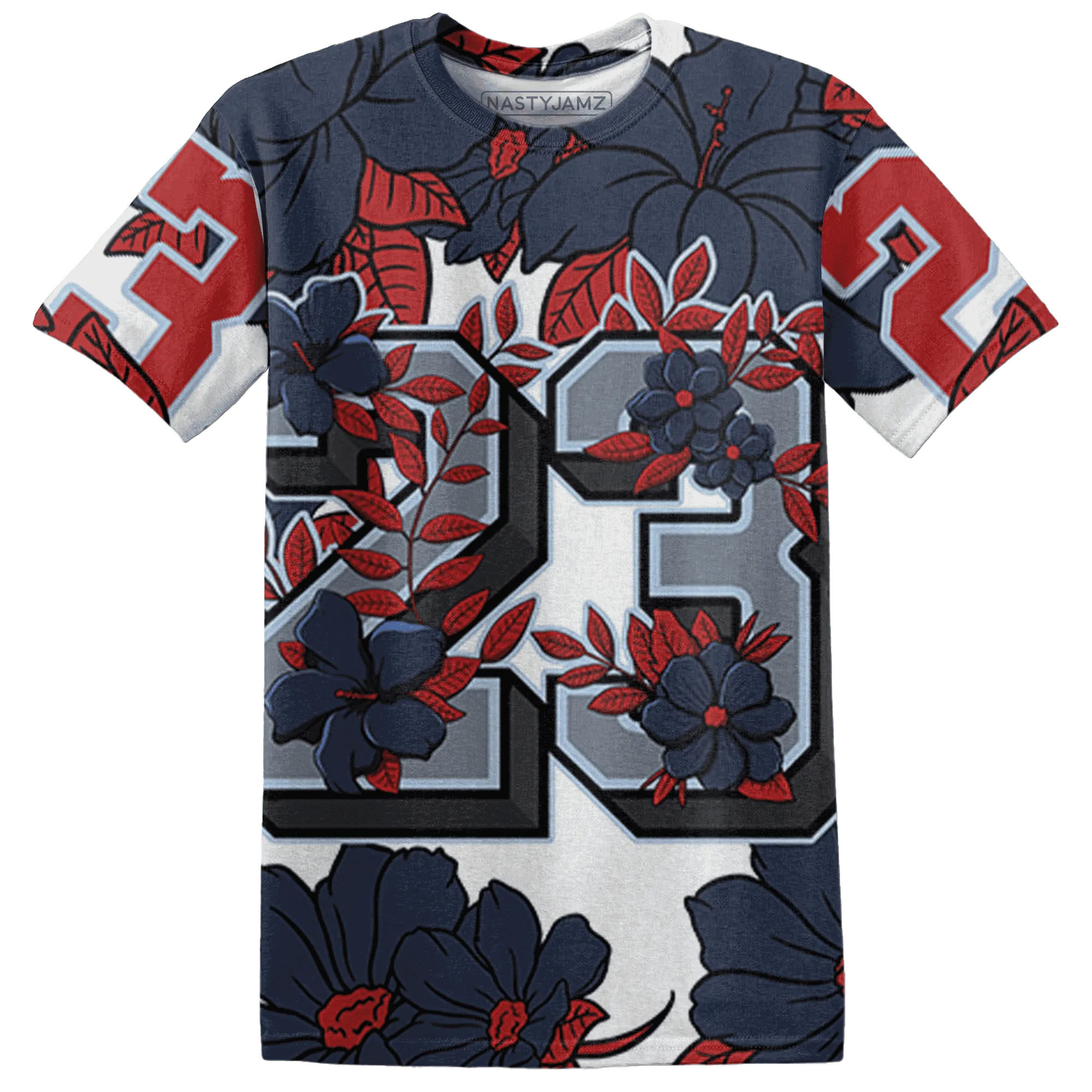 White-Navy-6s-T-Shirt-Match-23-Floral-3D-Flower