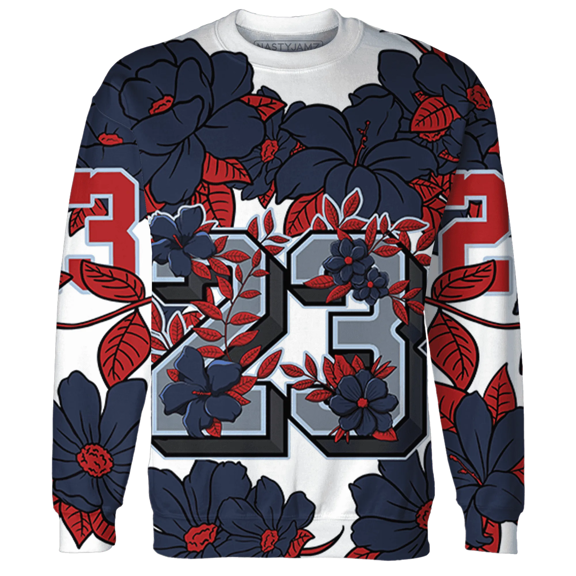 White-Navy-6s-Sweatshirt-Match-23-Floral-3D-Flower