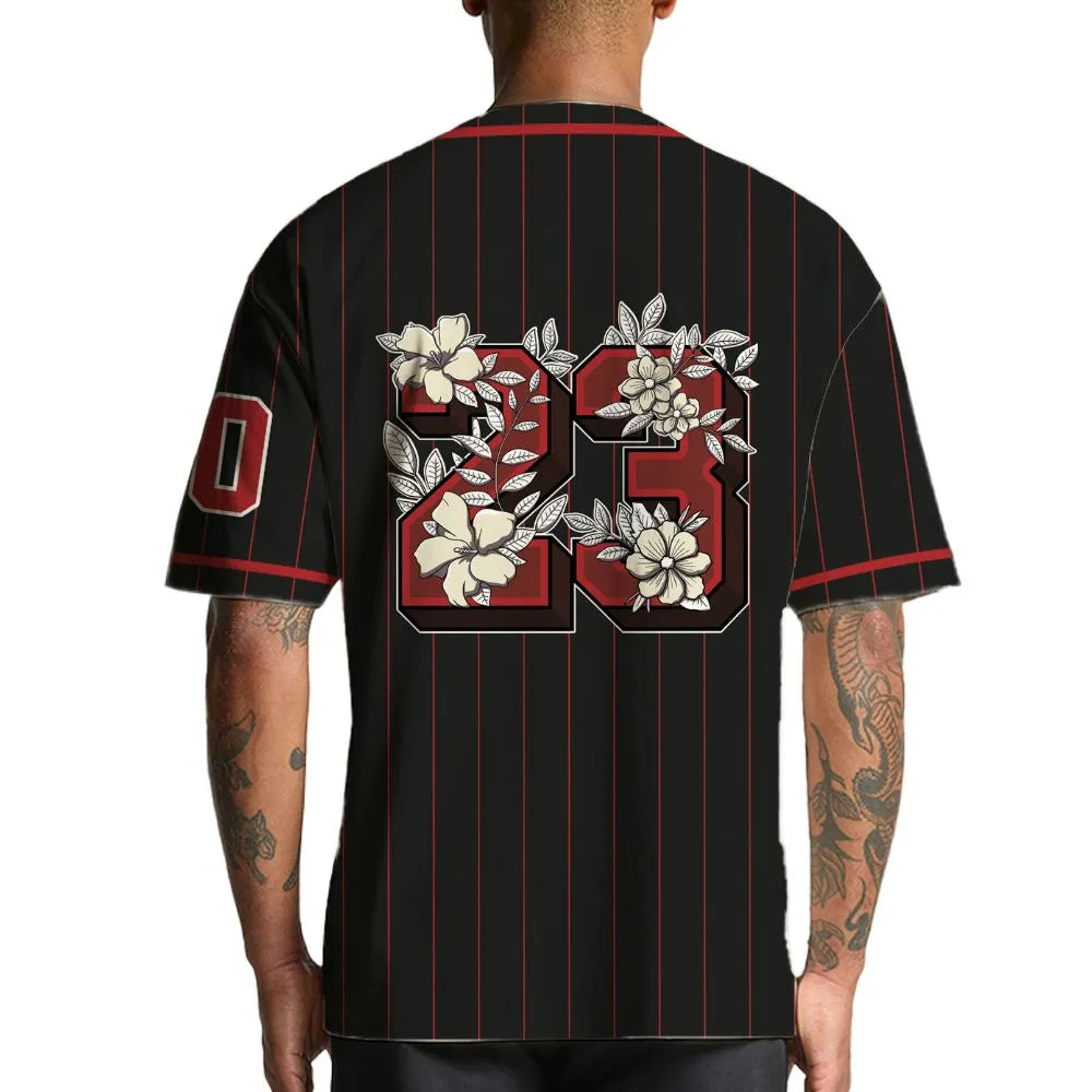 Black-Toe-Reimagined-Red-White-1s-NastyJamz-Jersey-Match-23-Floral-Custom-Text
