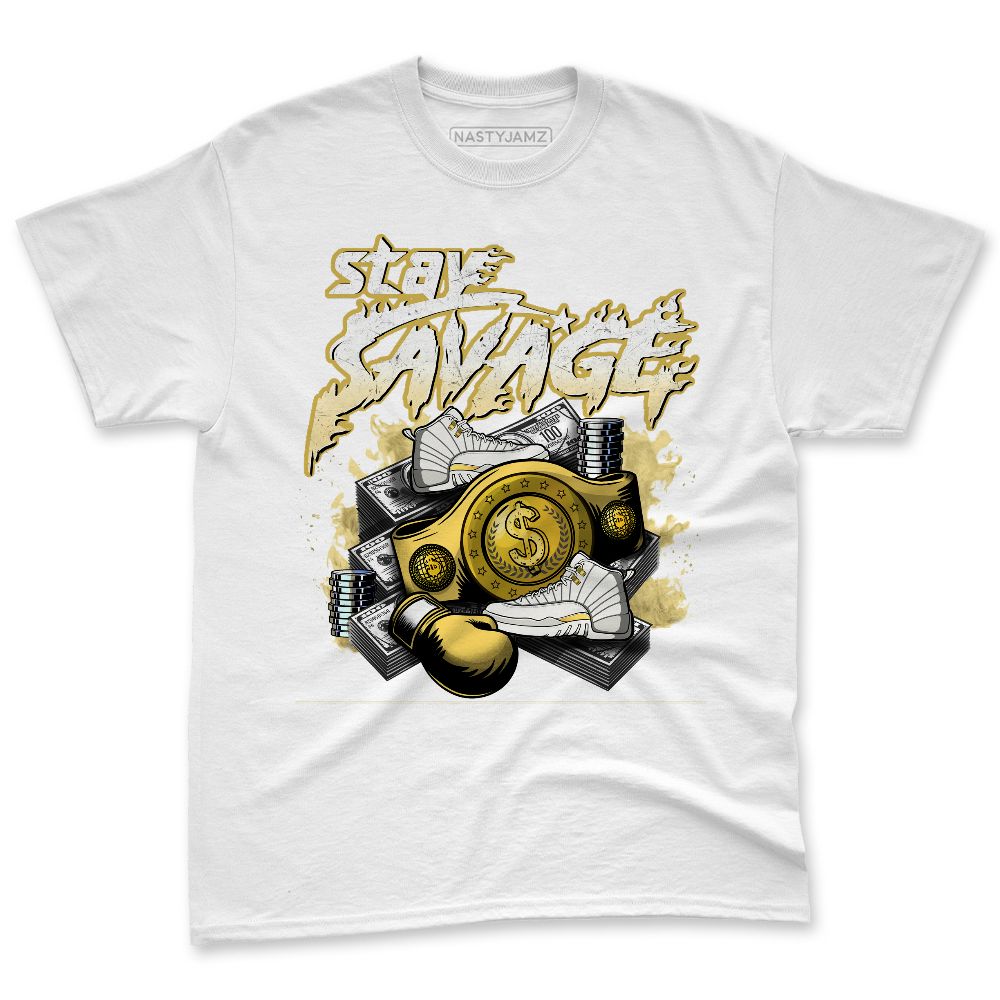 PT-Metallic-Gold-White-12s-NastyJamz-Premium-T-Shirt-Match-Stay-Savage