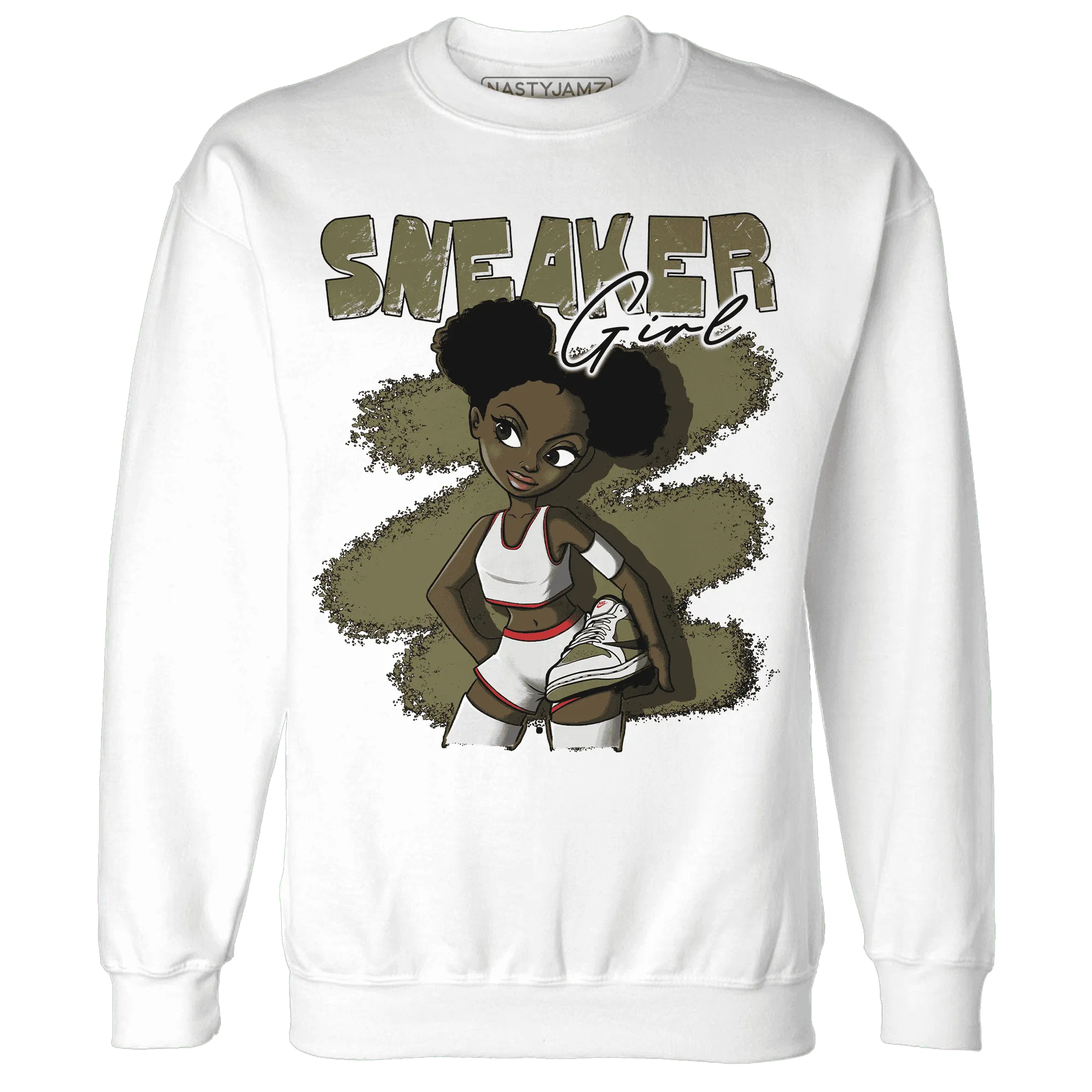 NastyJamz-Medium-Olive-1s-Sweatshirt-Match-Black-Sneaker-Girl