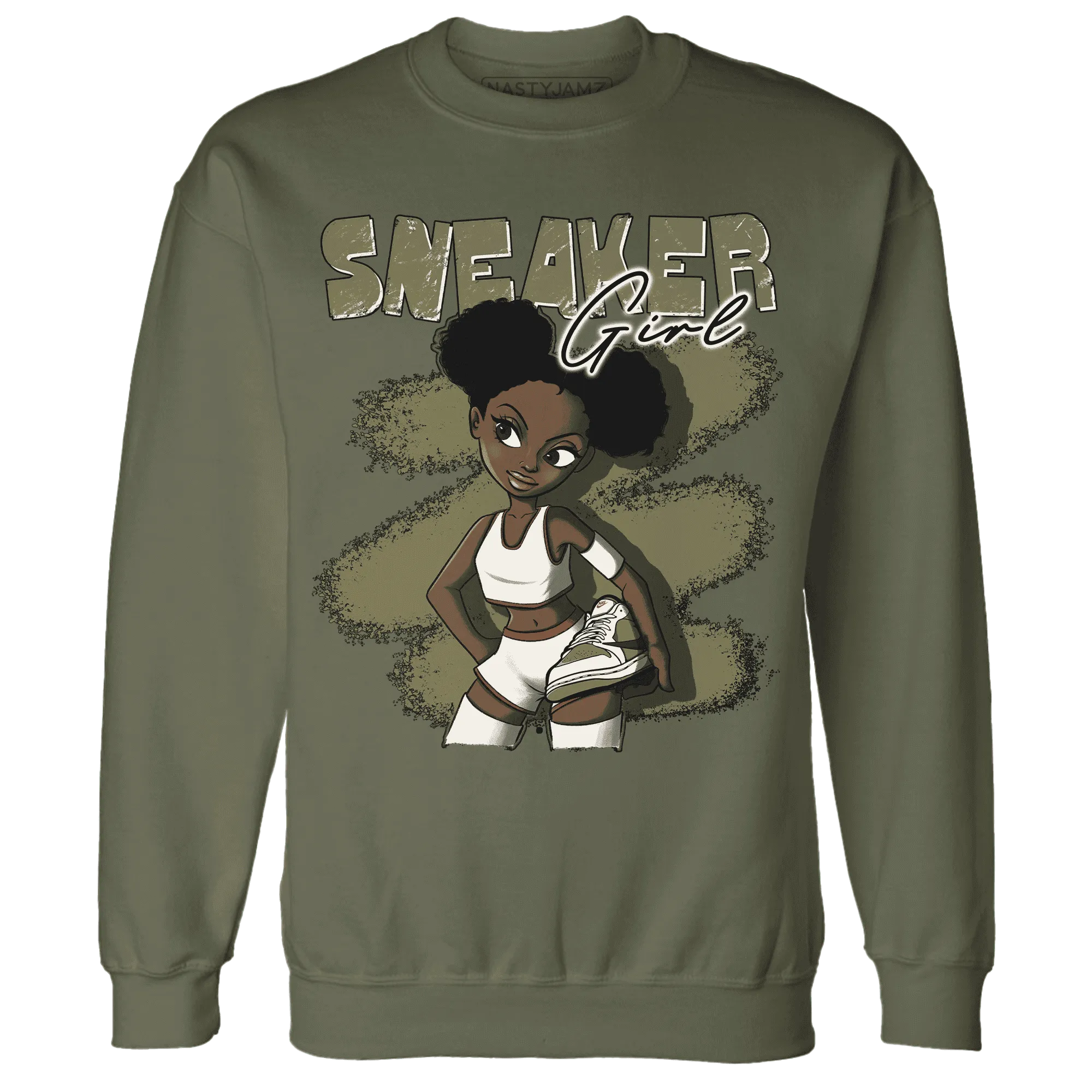 NastyJamz-Medium-Olive-1s-Sweatshirt-Match-Black-Sneaker-Girl