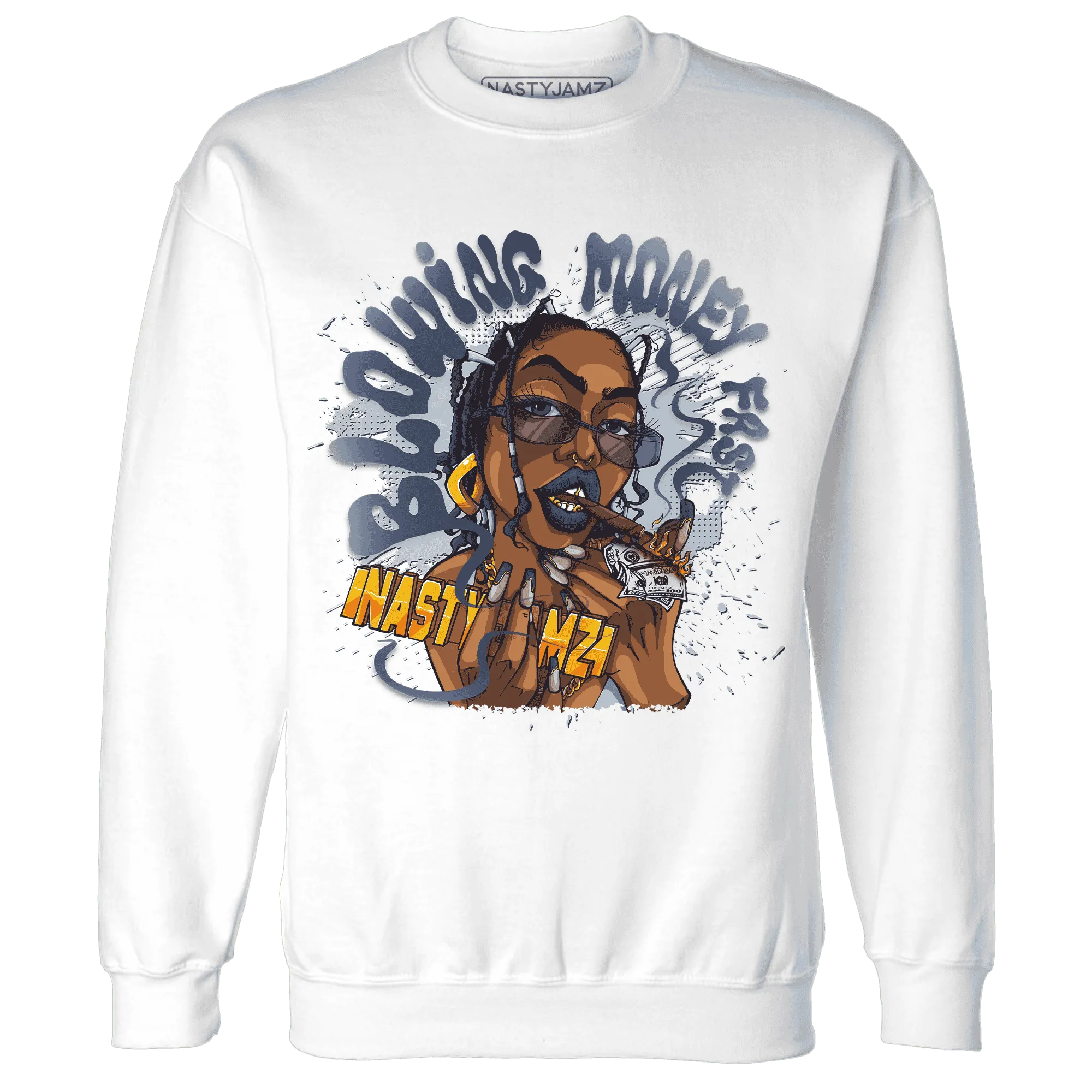 White-Navy-6s-Sweatshirt-Match-Blowing-Money-Fast-Girl