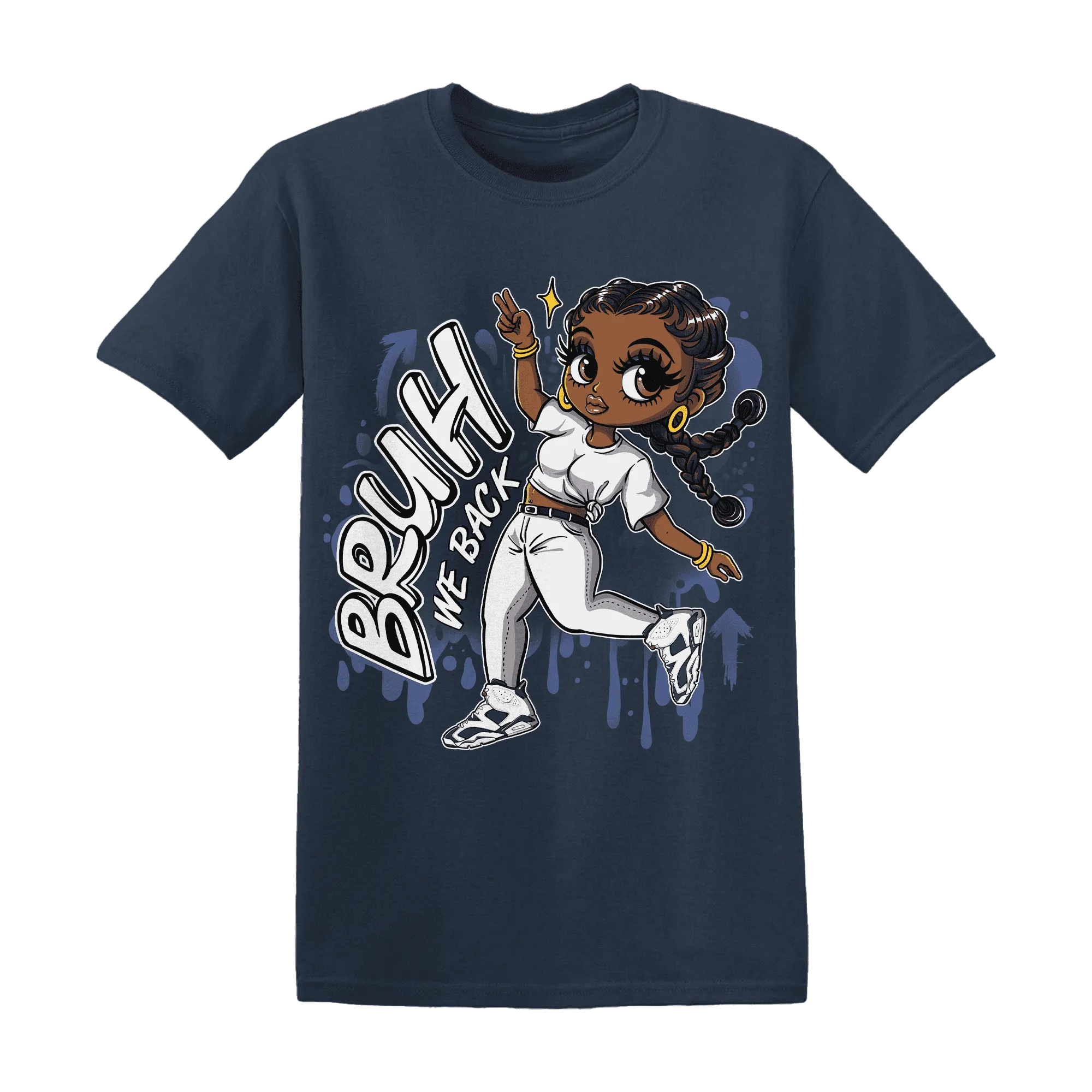 White-Navy-6s-T-Shirt-Match-Bruh-We-Back-Girl