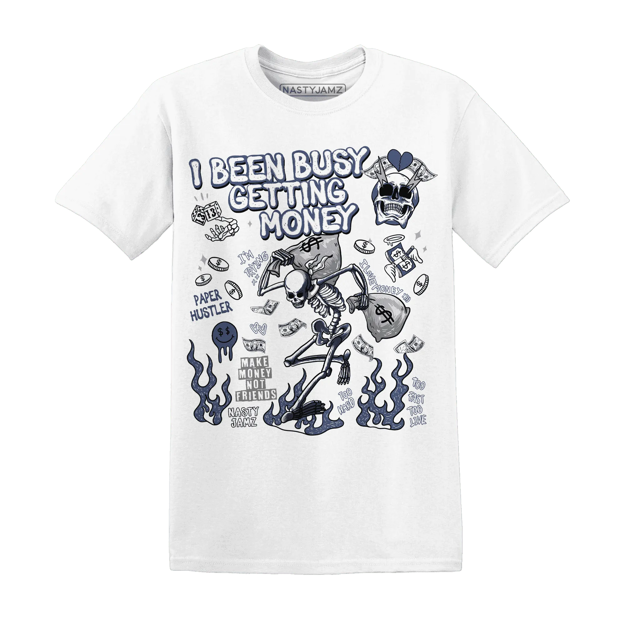 Low-Diffused-Blue-11s-NastyJamz-T-Shirt-Match-Busy-Getting-Money-Skull