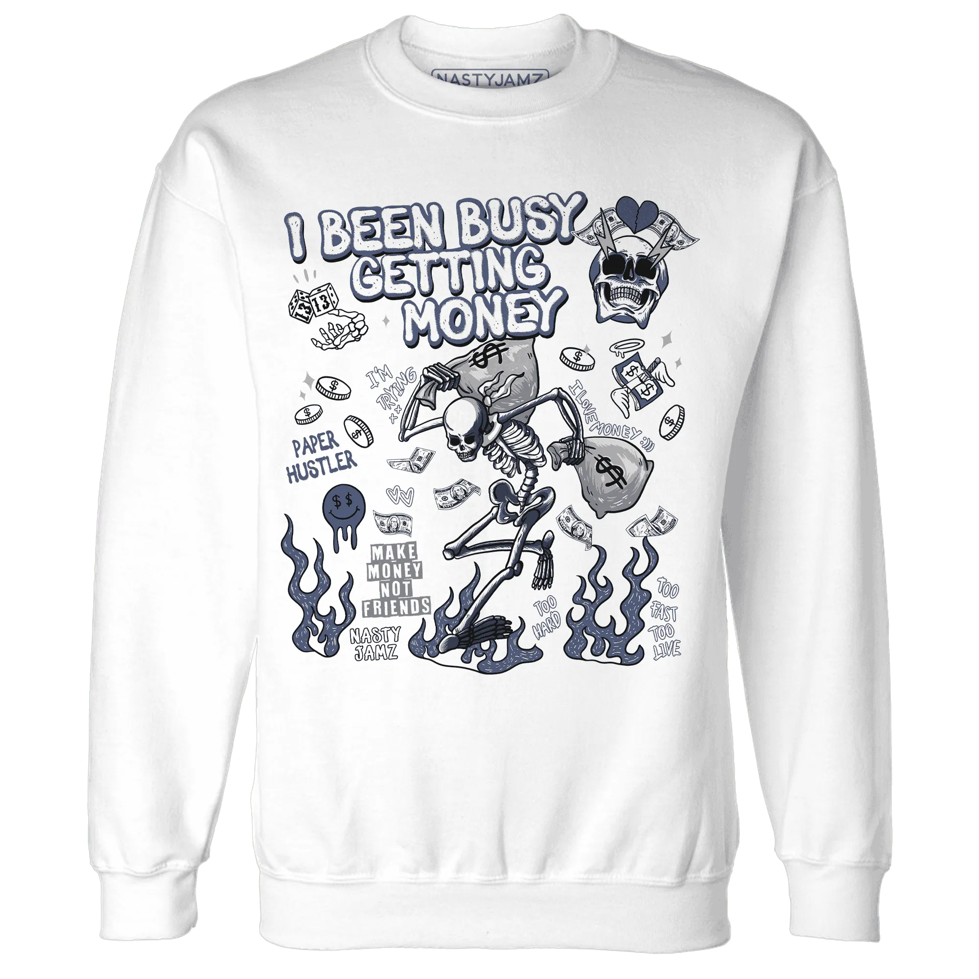 Low-Diffused-Blue-11s-NastyJamz-Sweatshirt-Match-Busy-Getting-Money-Skull