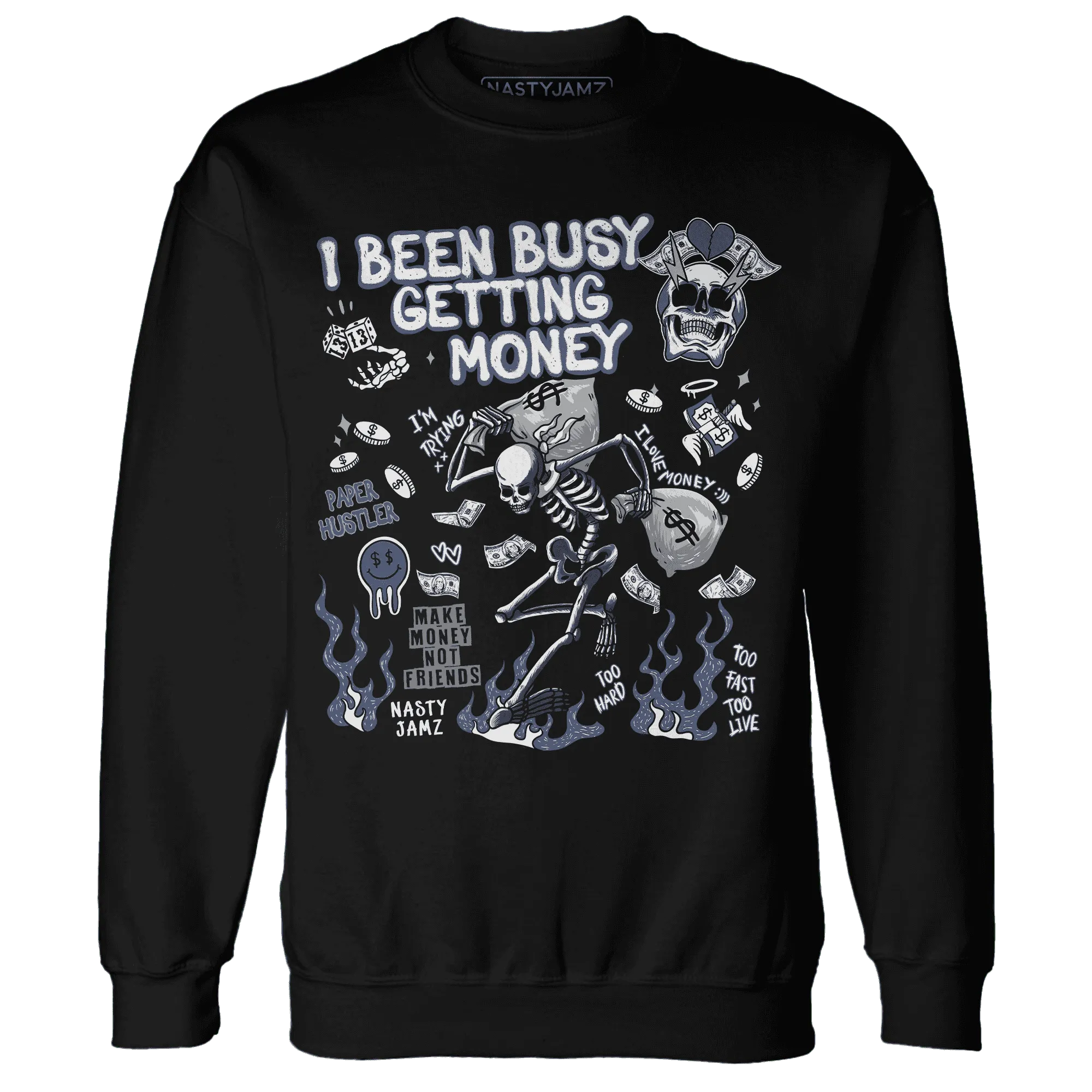Low-Diffused-Blue-11s-NastyJamz-Sweatshirt-Match-Busy-Getting-Money-Skull