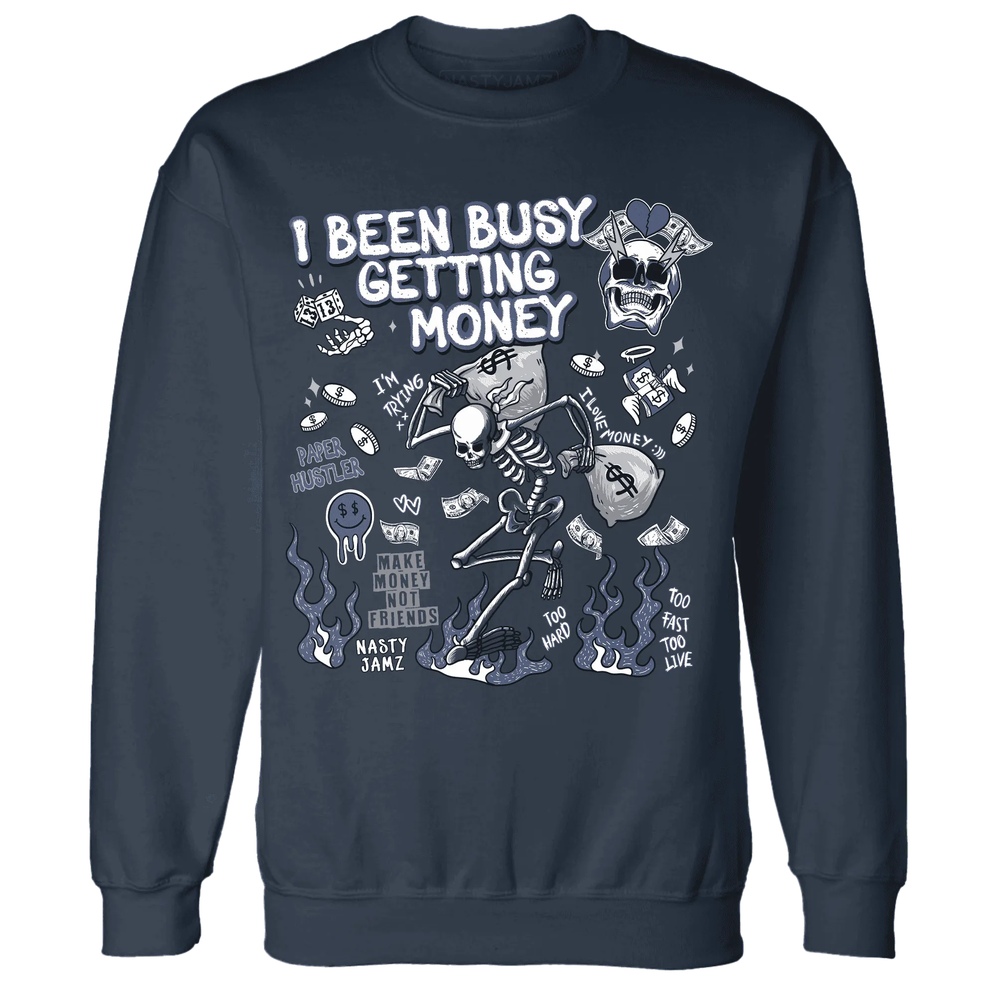 Low-Diffused-Blue-11s-NastyJamz-Sweatshirt-Match-Busy-Getting-Money-Skull