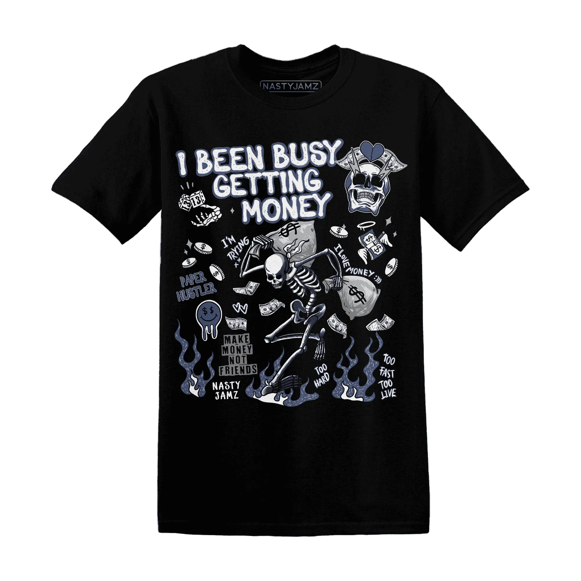 Low-Diffused-Blue-11s-NastyJamz-T-Shirt-Match-Busy-Getting-Money-Skull