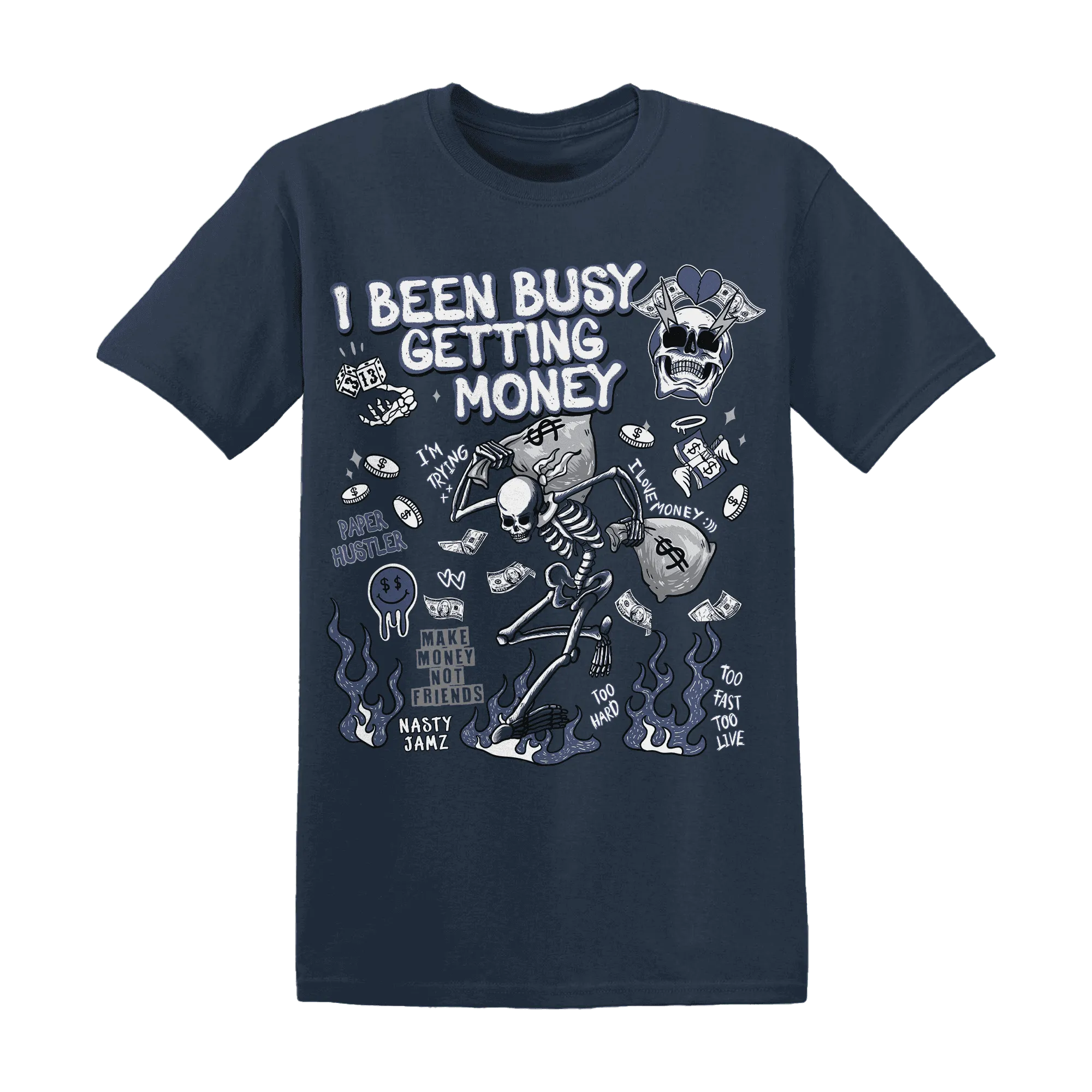 Low-Diffused-Blue-11s-NastyJamz-T-Shirt-Match-Busy-Getting-Money-Skull