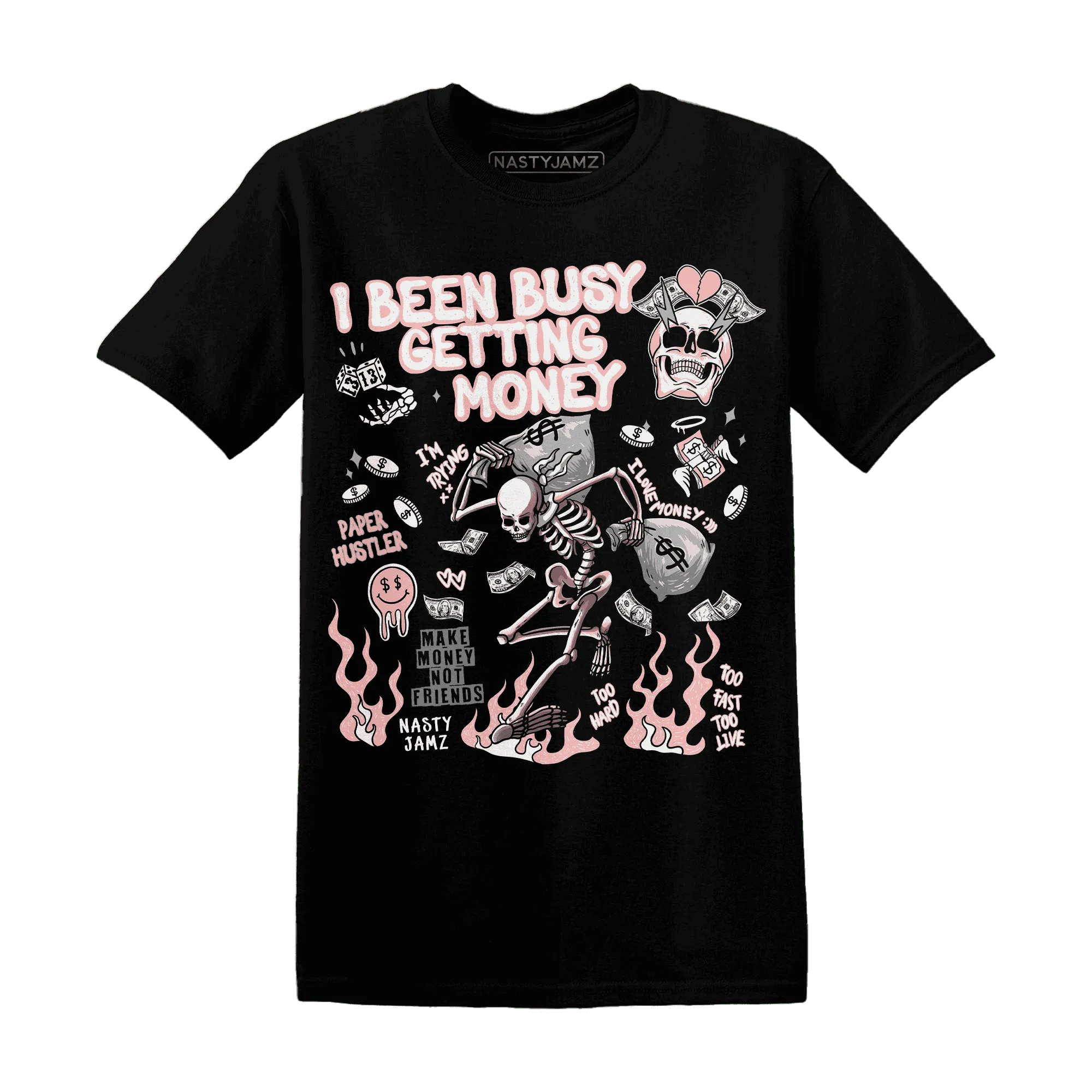 Low-Legend-Pink-11s-NastyJamz-T-Shirt-Match-Busy-Getting-Money-Skull
