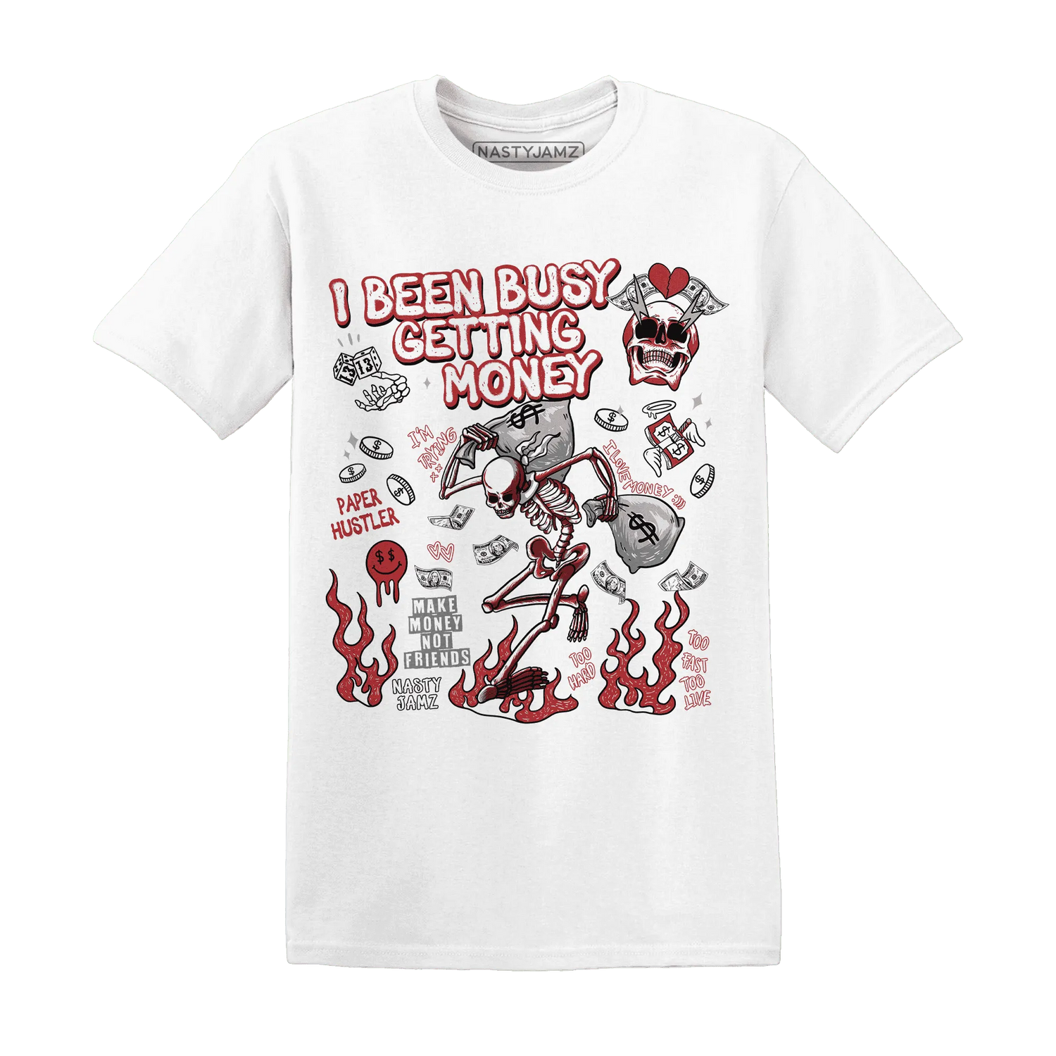 Black-Toe-Reimagined-Red-White-1s-T-Shirt-Match-Busy-Getting-Money-Skull