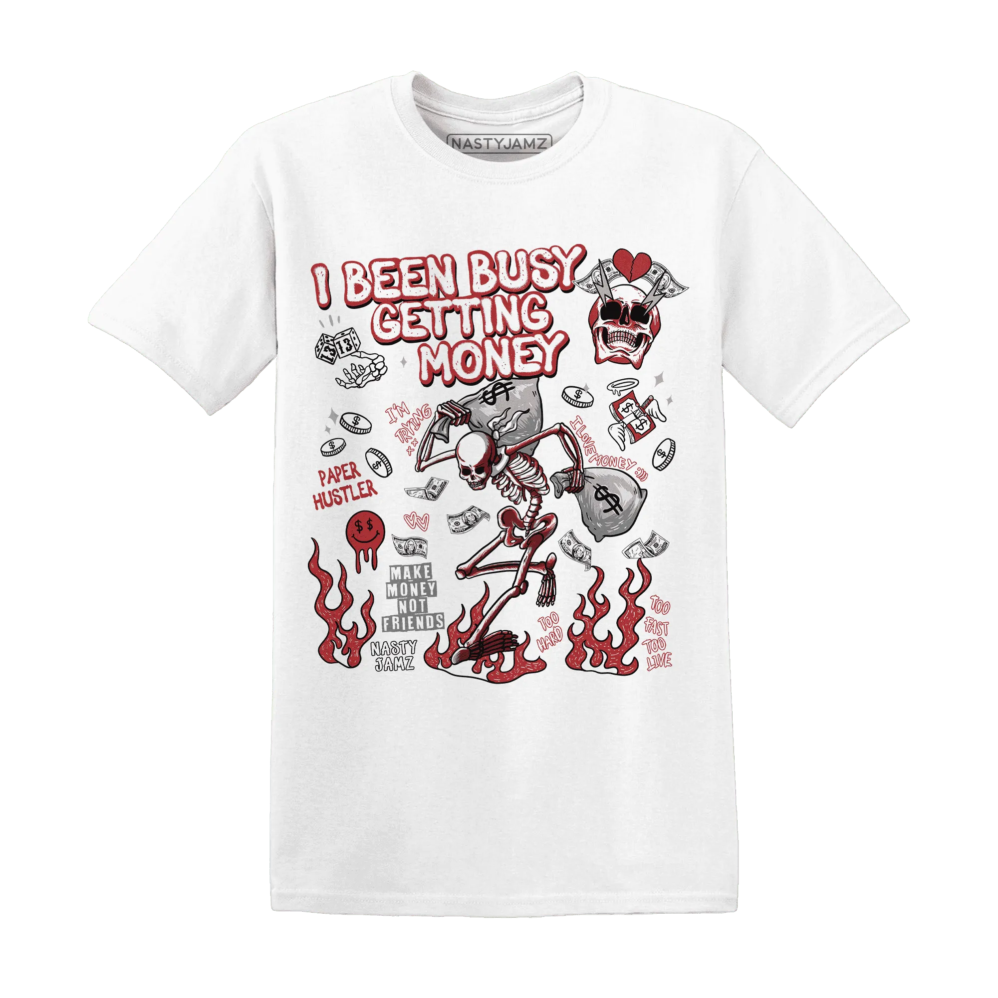 Black-Toe-Reimagined-Red-White-1s-T-Shirt-Match-Busy-Getting-Money-Skull
