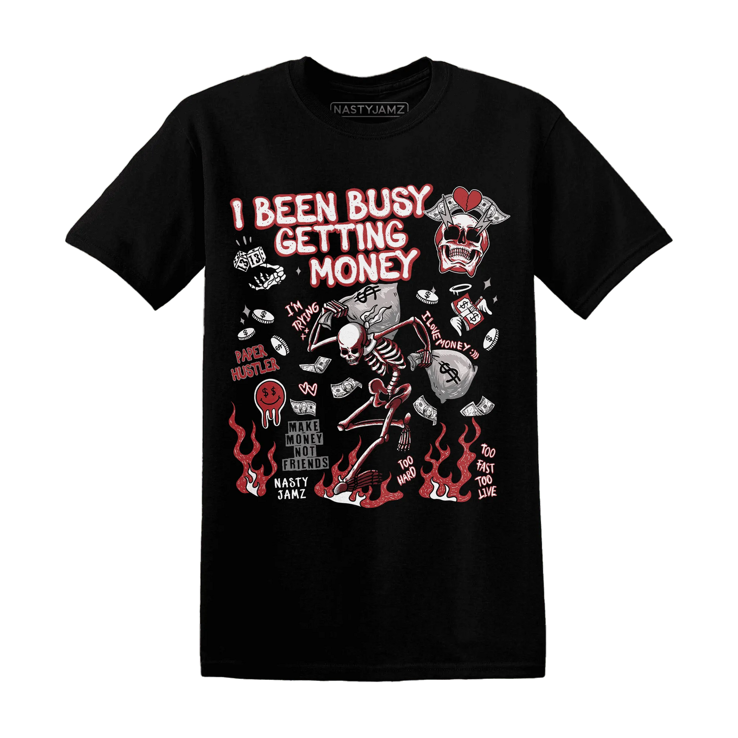 Black-Toe-Reimagined-Red-White-1s-T-Shirt-Match-Busy-Getting-Money-Skull