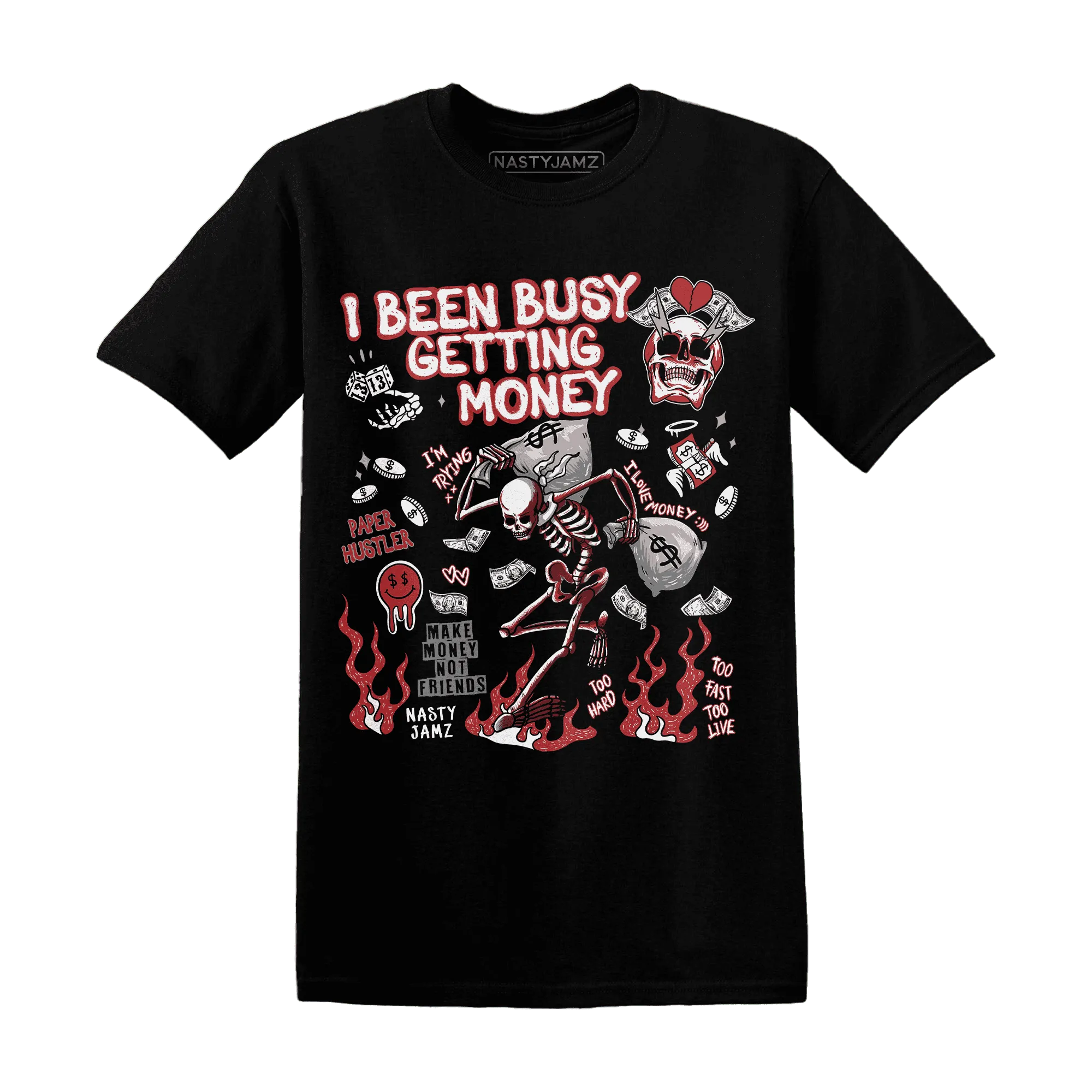Black-Toe-Reimagined-Red-White-1s-T-Shirt-Match-Busy-Getting-Money-Skull
