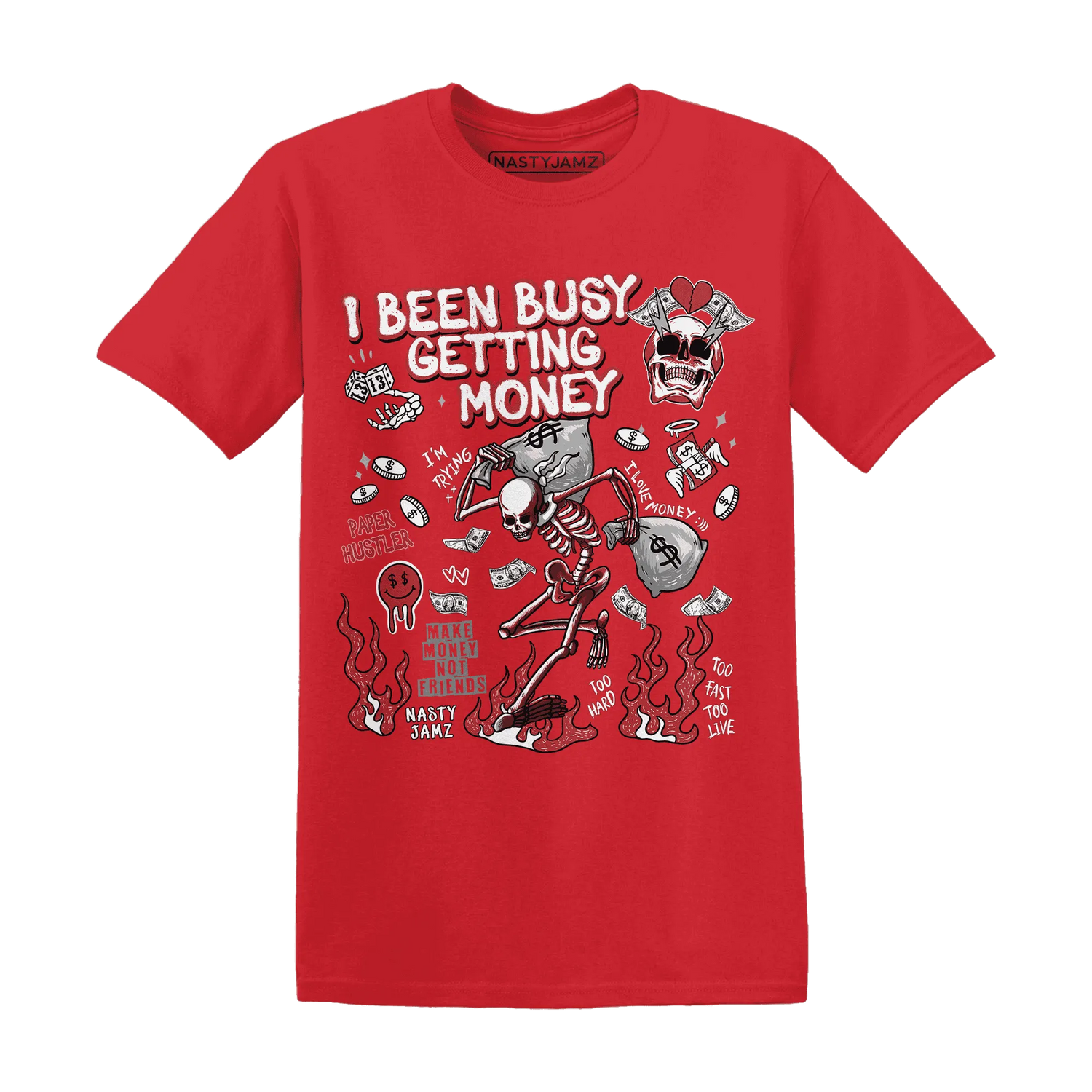 Black-Toe-Reimagined-Red-White-1s-T-Shirt-Match-Busy-Getting-Money-Skull