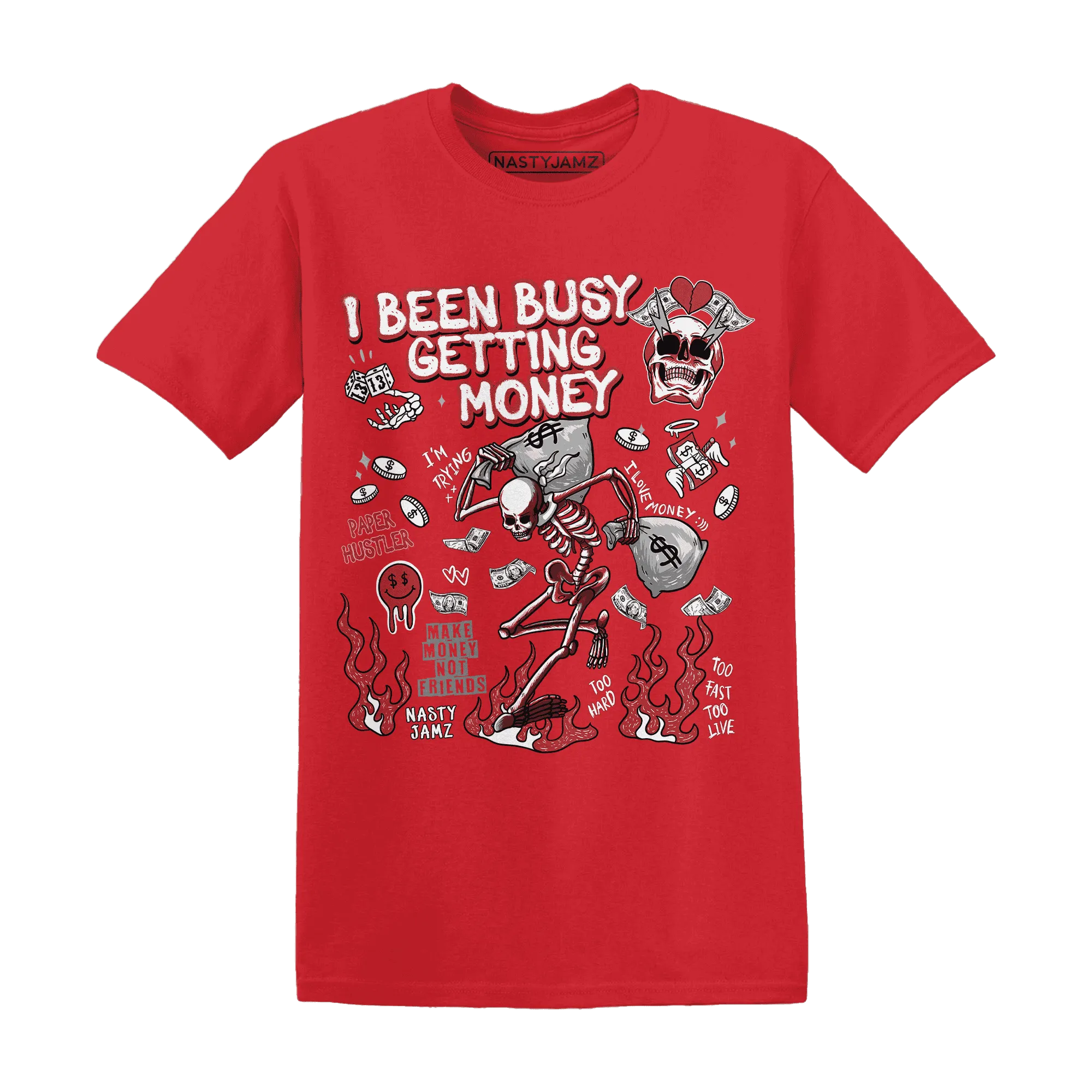 Black-Toe-Reimagined-Red-White-1s-T-Shirt-Match-Busy-Getting-Money-Skull