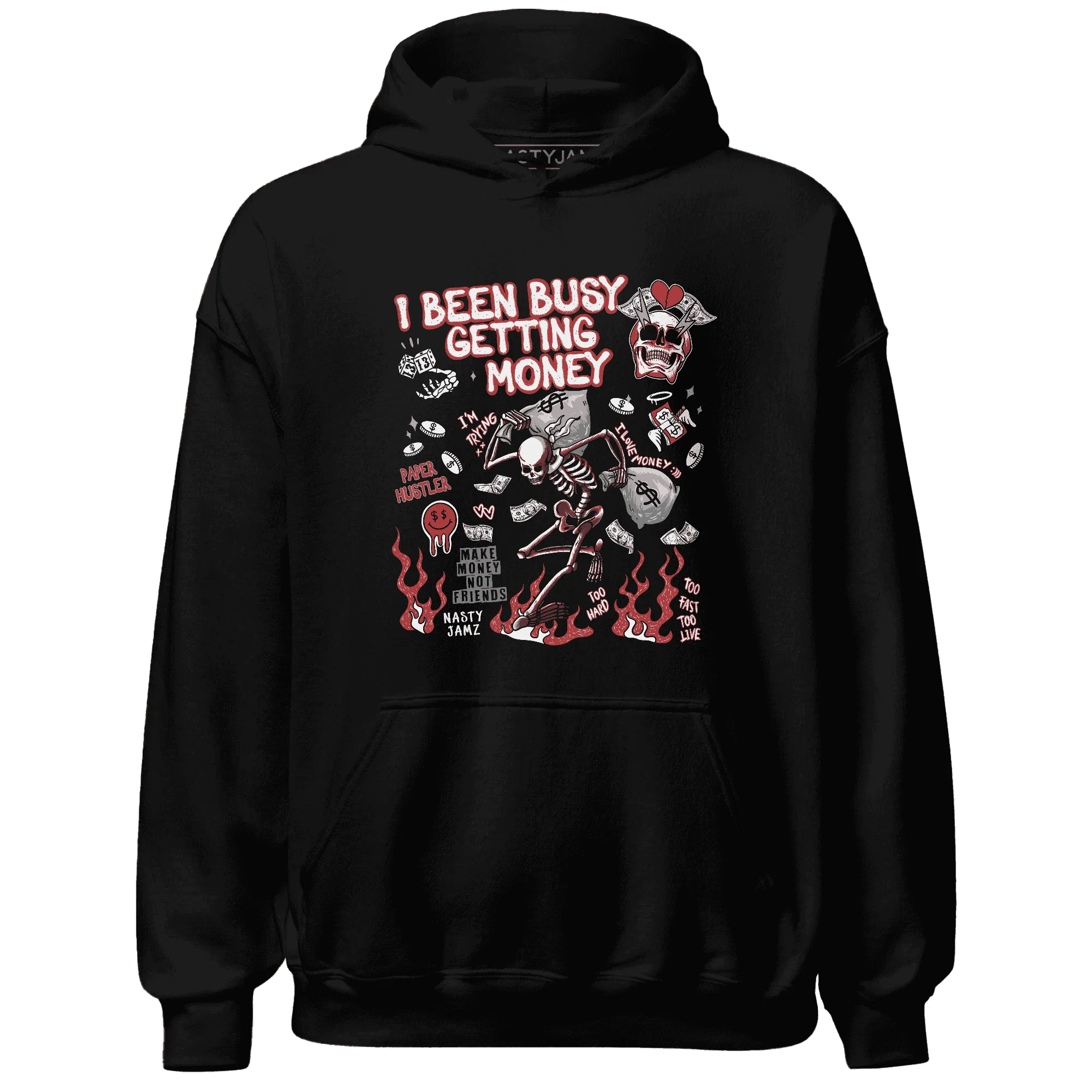 Black-Toe-Reimagined-Red-White-1s-Hoodie-Match-Busy-Getting-Money-Skull