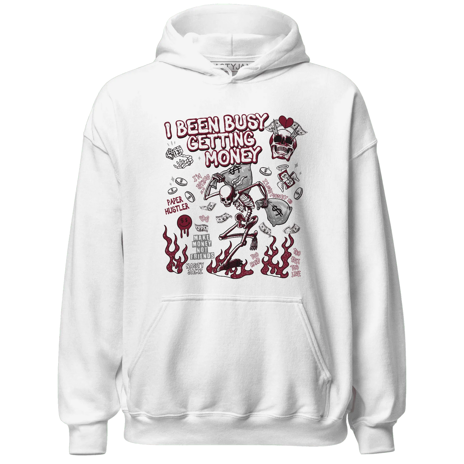 High-White-Team-Red-1s-NastyJamz-Hoodie-Match-Busy-Getting-Money-Skull
