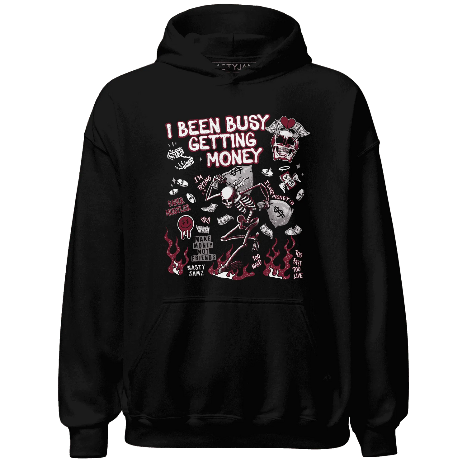 High-White-Team-Red-1s-NastyJamz-Hoodie-Match-Busy-Getting-Money-Skull