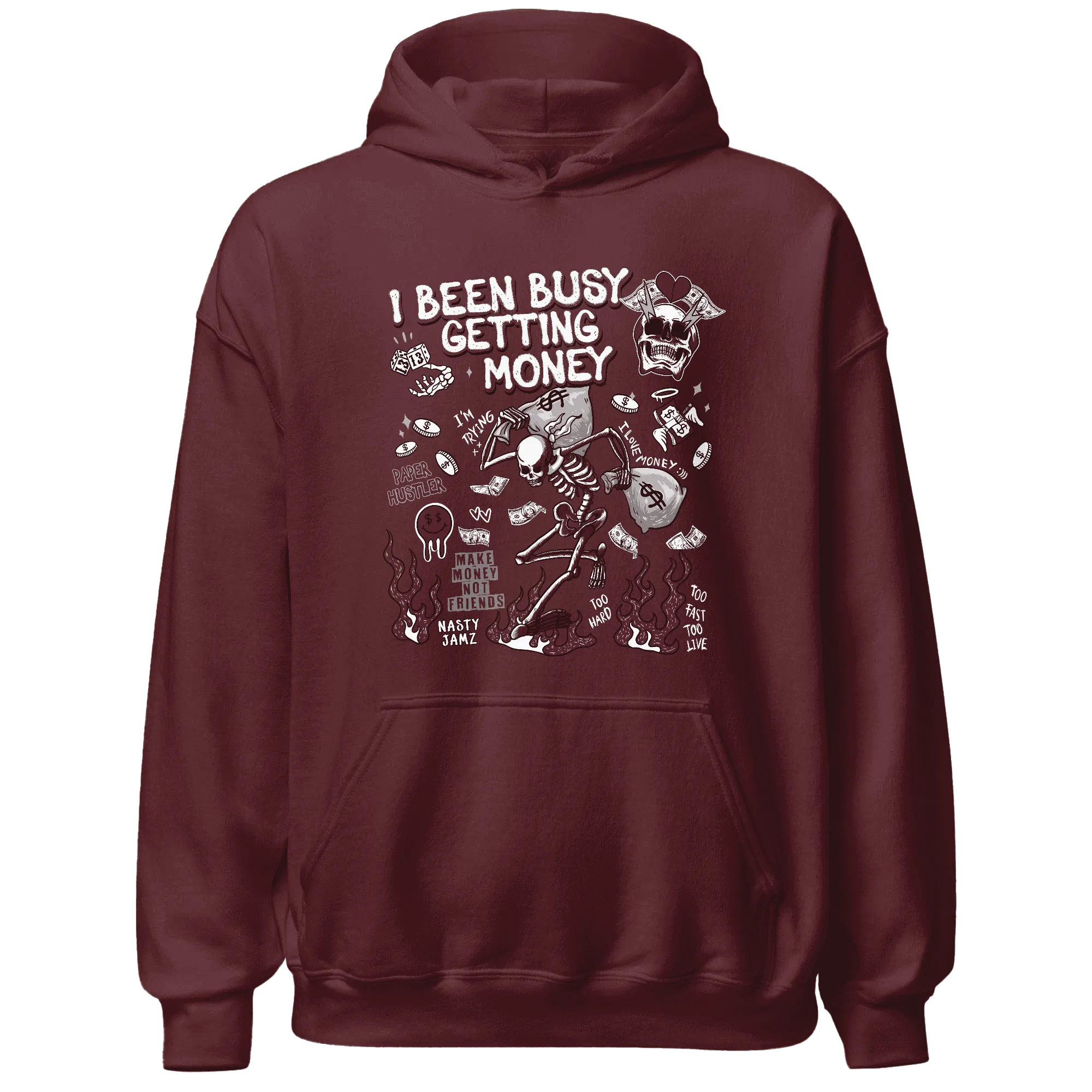 High-White-Team-Red-1s-NastyJamz-Hoodie-Match-Busy-Getting-Money-Skull