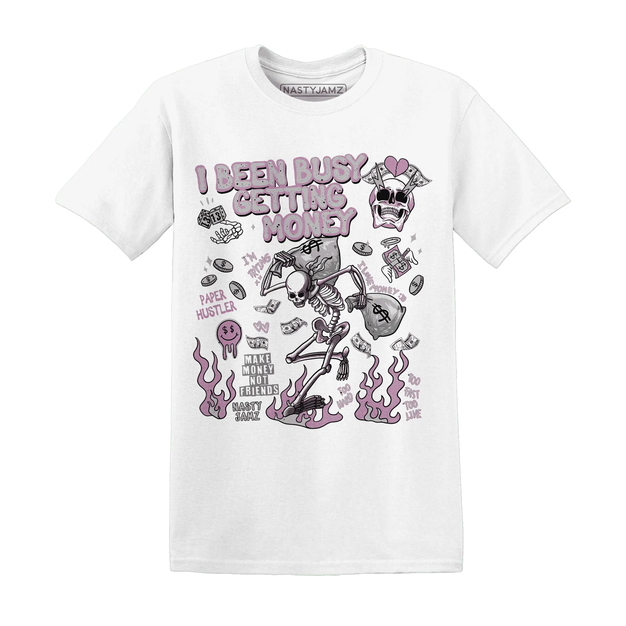 Orchid-Neutral-Grey-Black-White-4s-NastyJamz-T-Shirt-Match-Busy-Getting-Money-Skull