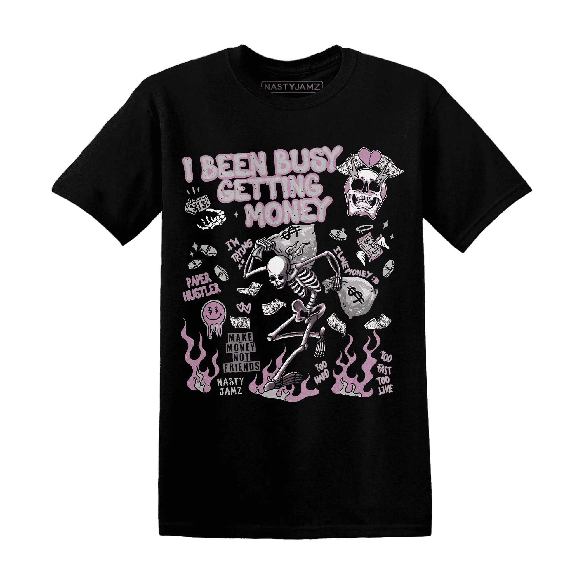 Orchid-Neutral-Grey-Black-White-4s-NastyJamz-T-Shirt-Match-Busy-Getting-Money-Skull