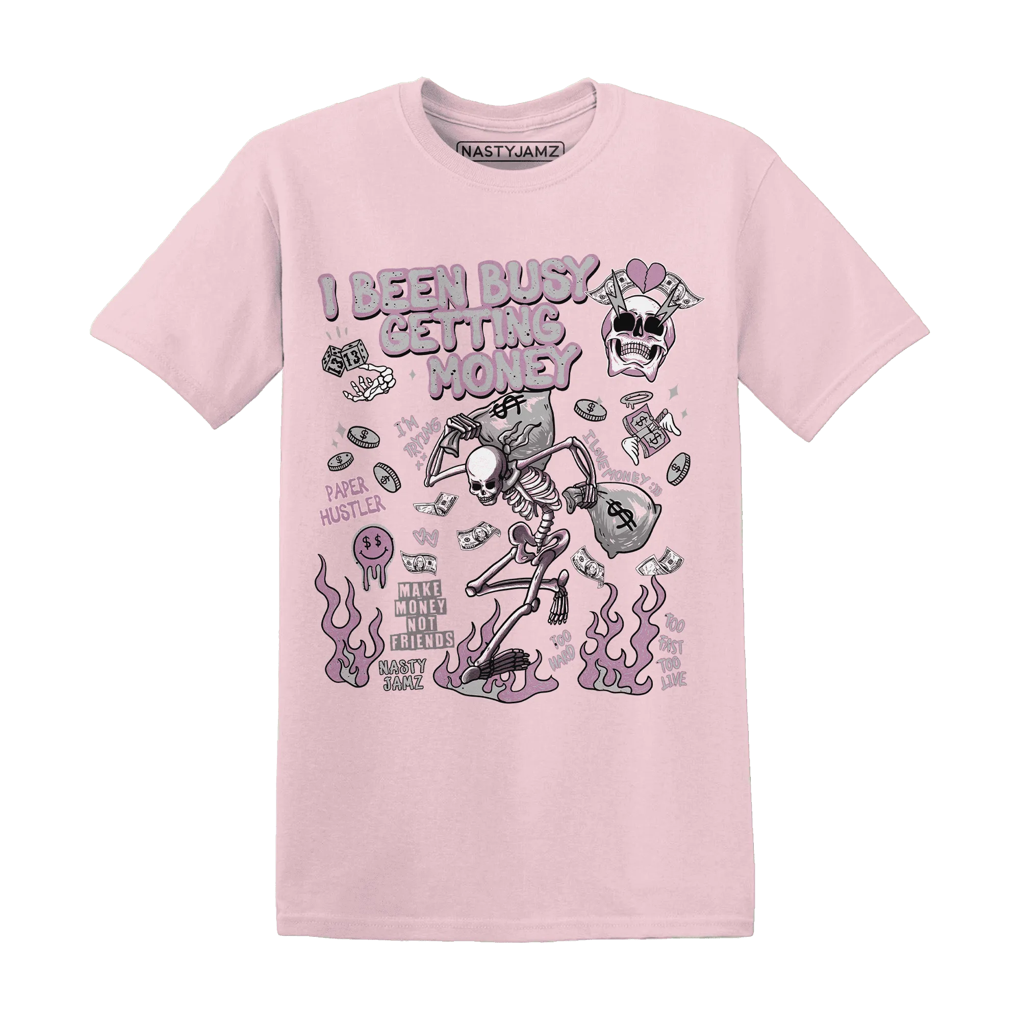 Orchid-Neutral-Grey-Black-White-4s-NastyJamz-T-Shirt-Match-Busy-Getting-Money-Skull