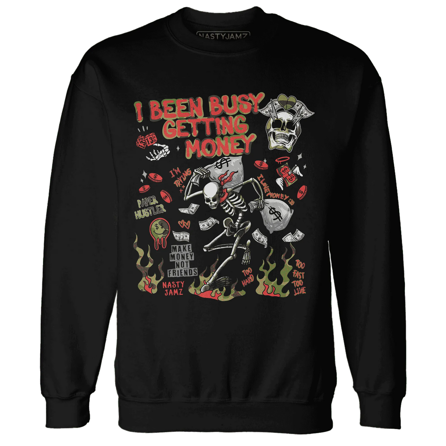 AM-90-Dark-Sage-Solar-Red-NastyJamz-Sweatshirt-Match-Busy-Getting-Money-Skull