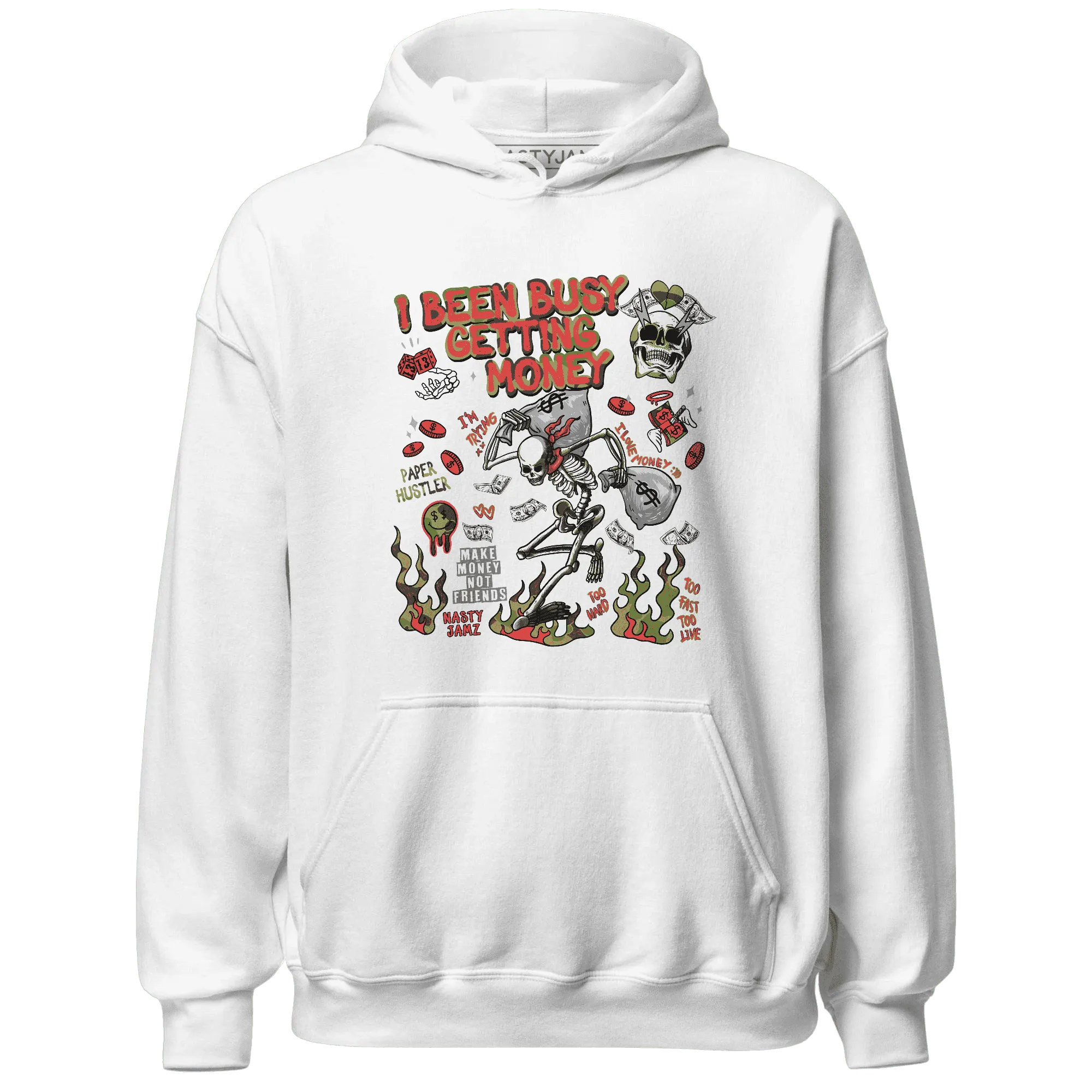AM-90-Dark-Sage-Solar-Red-NastyJamz-Hoodie-Match-Busy-Getting-Money-Skull