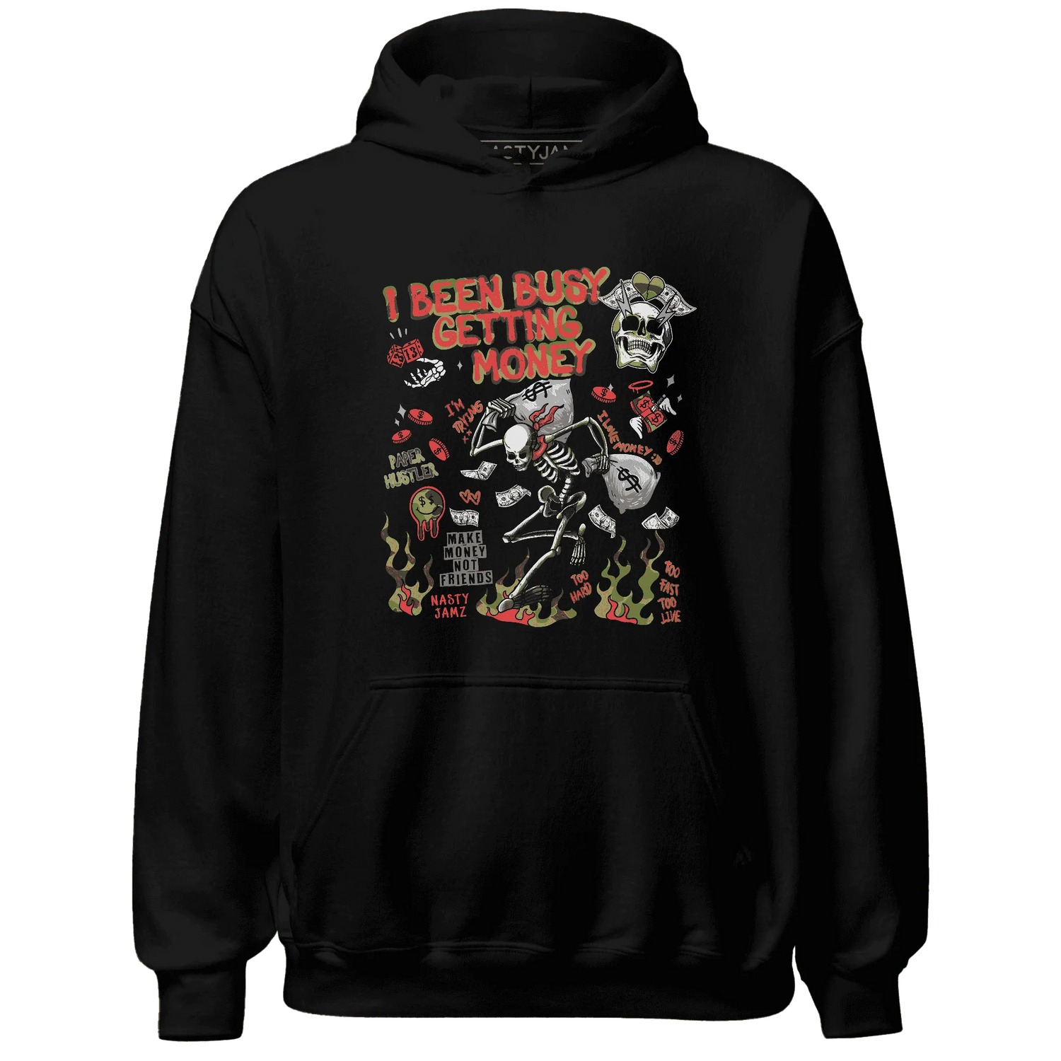 AM-90-Dark-Sage-Solar-Red-NastyJamz-Hoodie-Match-Busy-Getting-Money-Skull