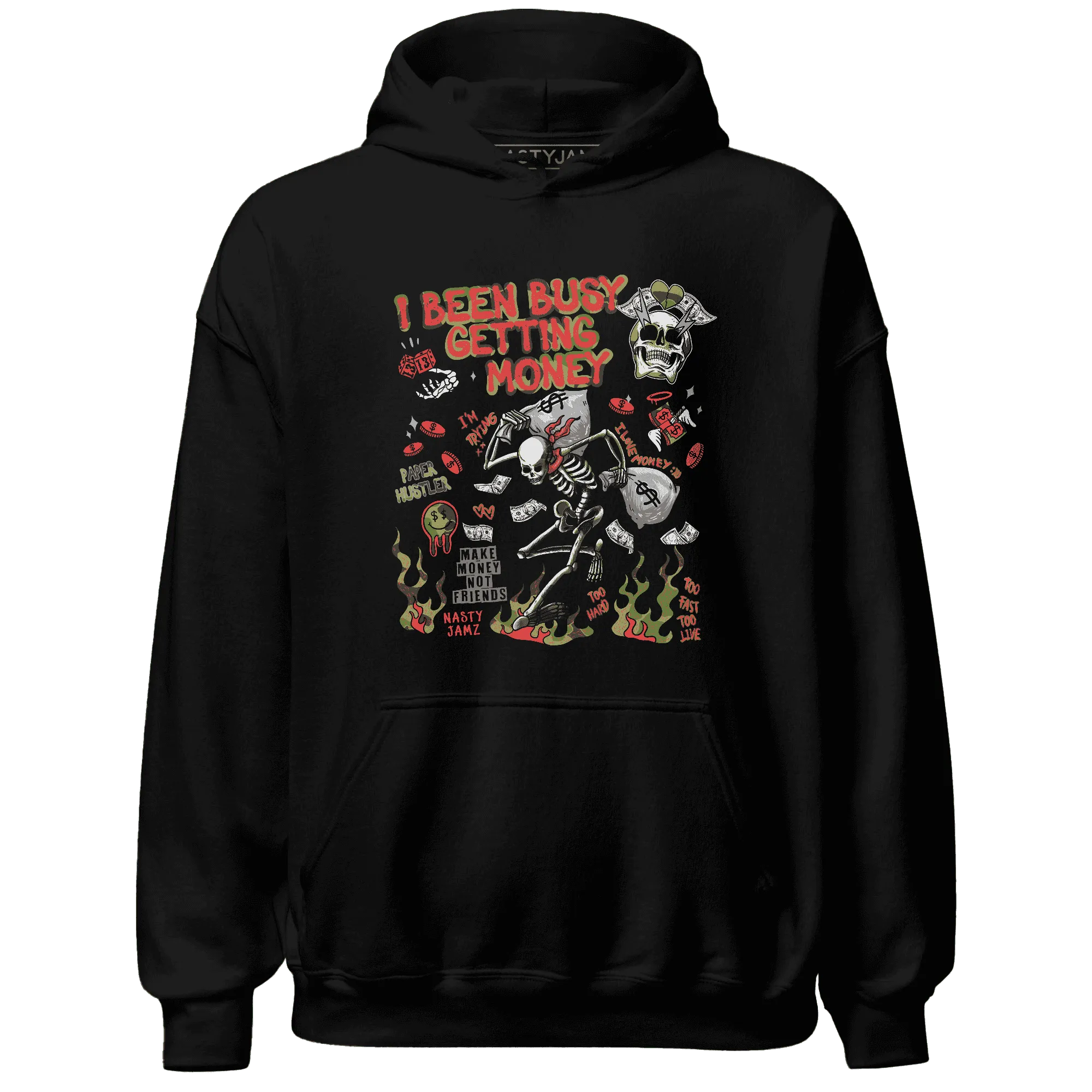 AM-90-Dark-Sage-Solar-Red-NastyJamz-Hoodie-Match-Busy-Getting-Money-Skull