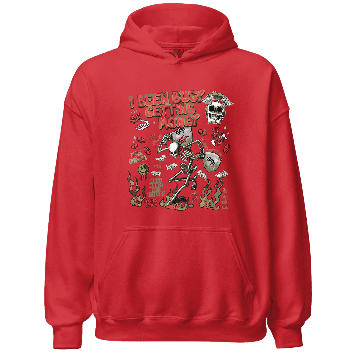 AM-90-Dark-Sage-Solar-Red-NastyJamz-Hoodie-Match-Busy-Getting-Money-Skull