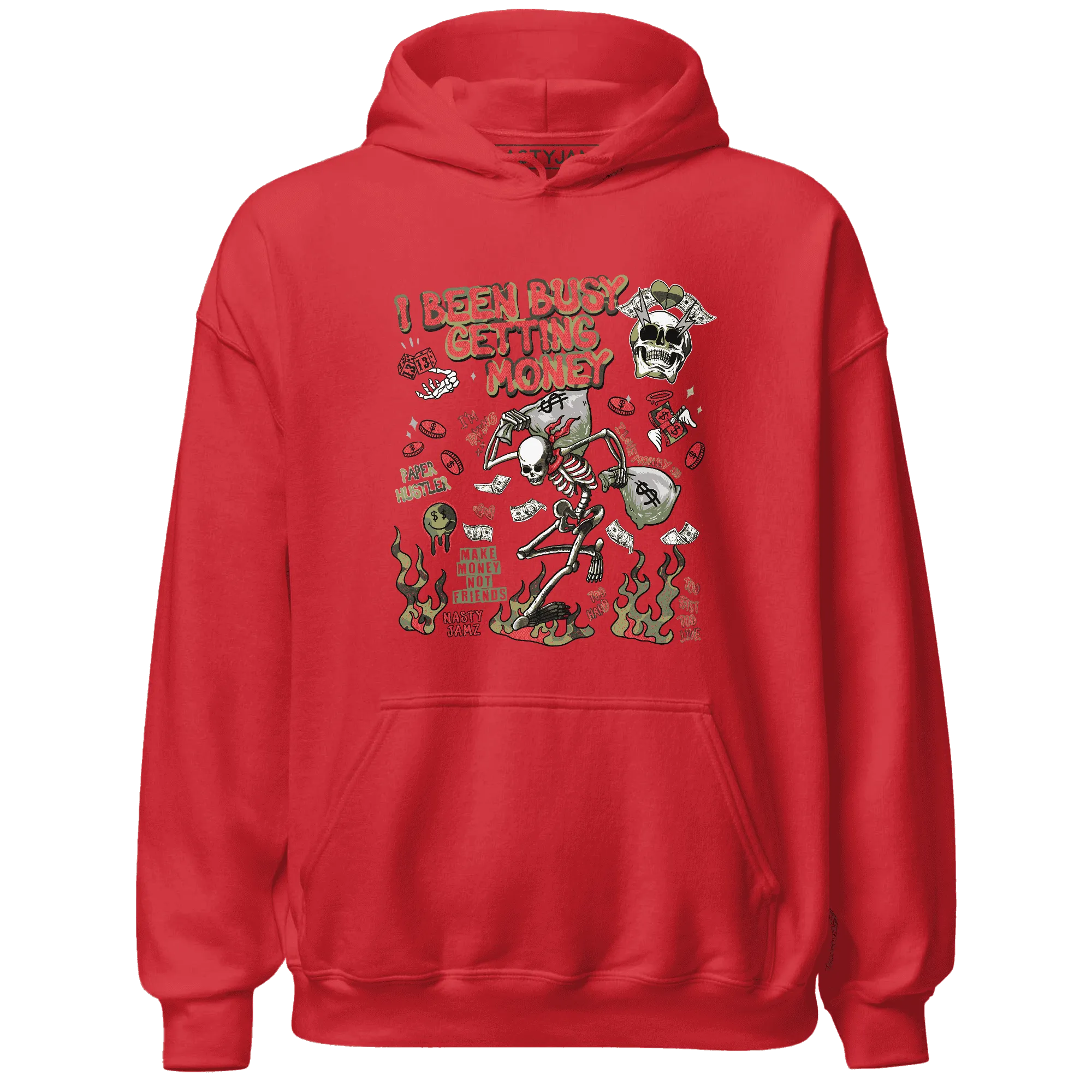AM-90-Dark-Sage-Solar-Red-NastyJamz-Hoodie-Match-Busy-Getting-Money-Skull