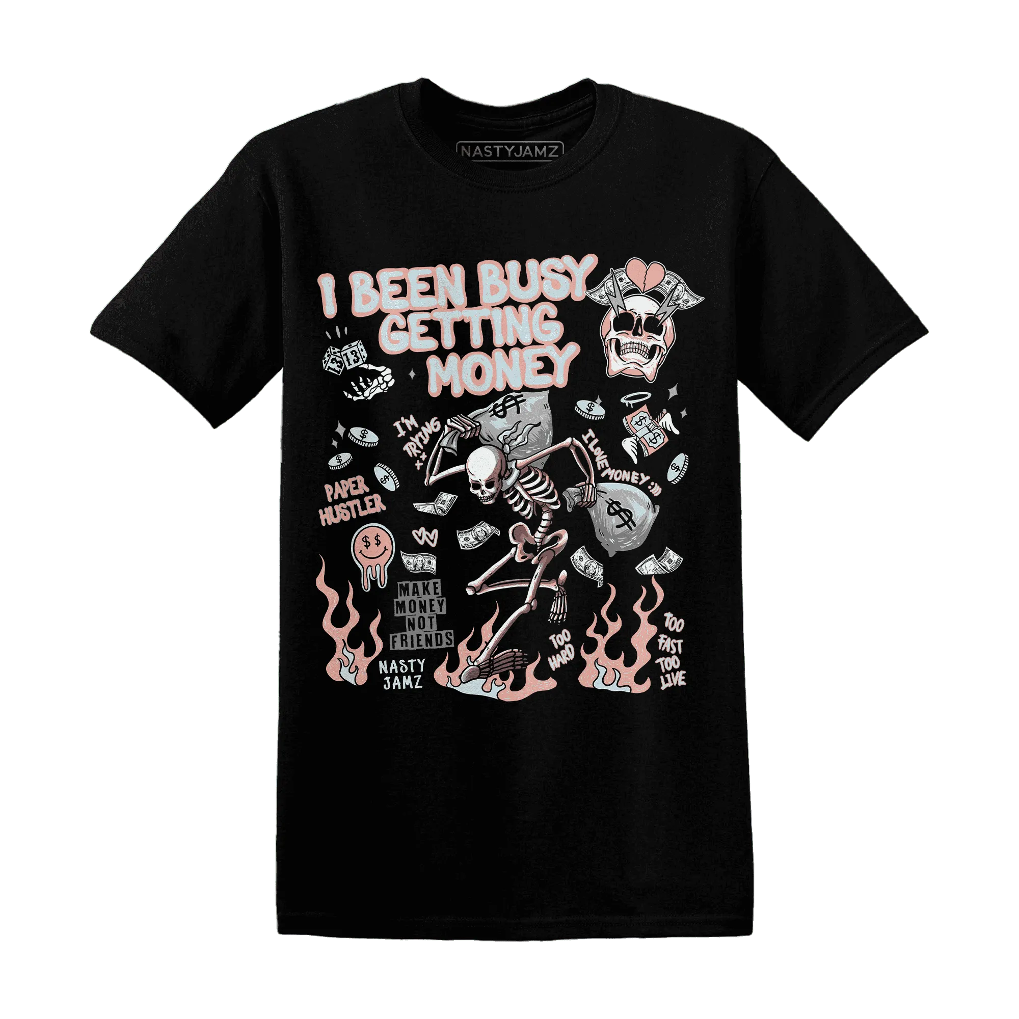 Dunk-Low-Glacier-Blue-Arctic-Orange-NastyJamz-T-Shirt-Match-Busy-Getting-Money-Skull