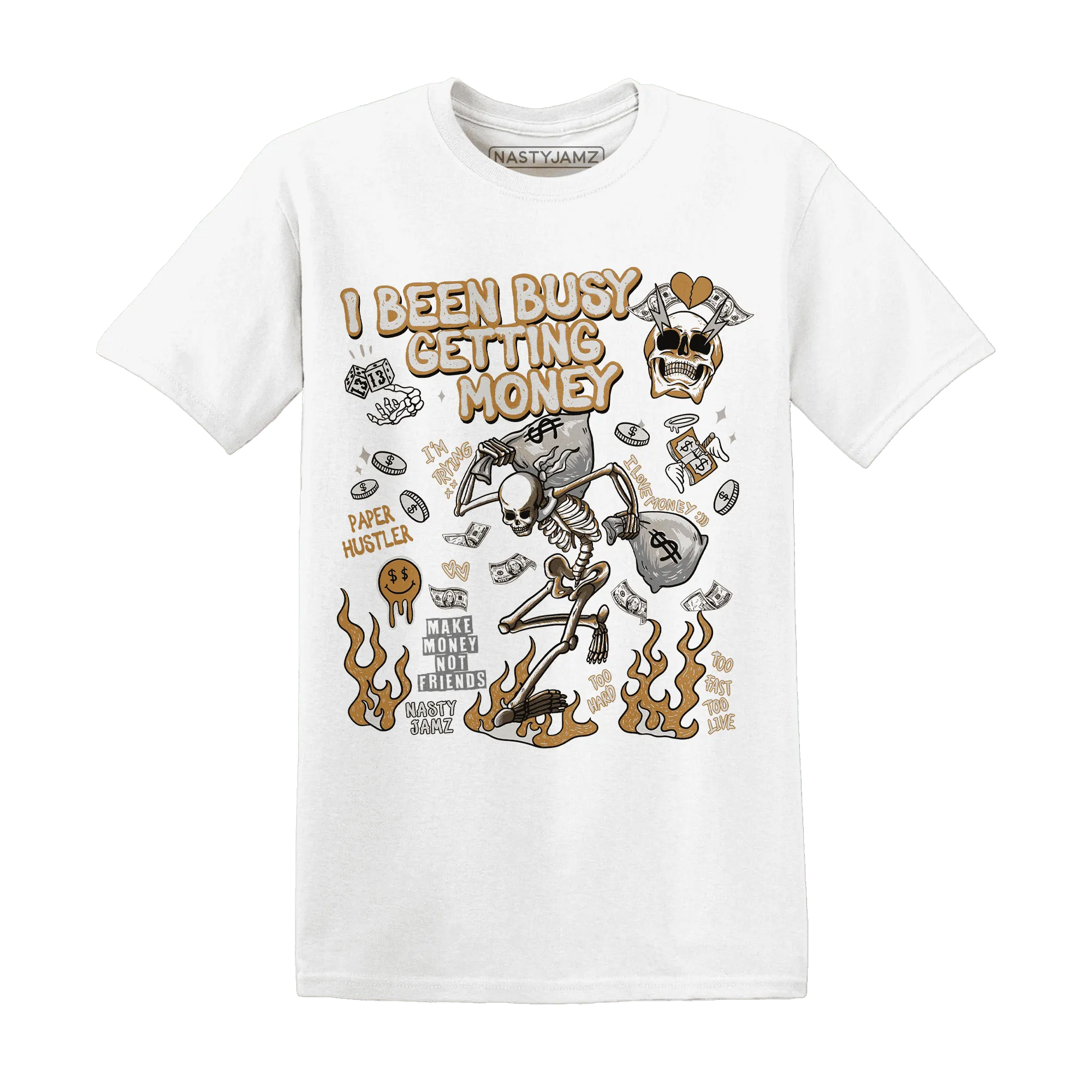 Dunk-Low-Retro-Wheat-Orange-NastyJamz-T-Shirt-Match-Busy-Getting-Money-Skull