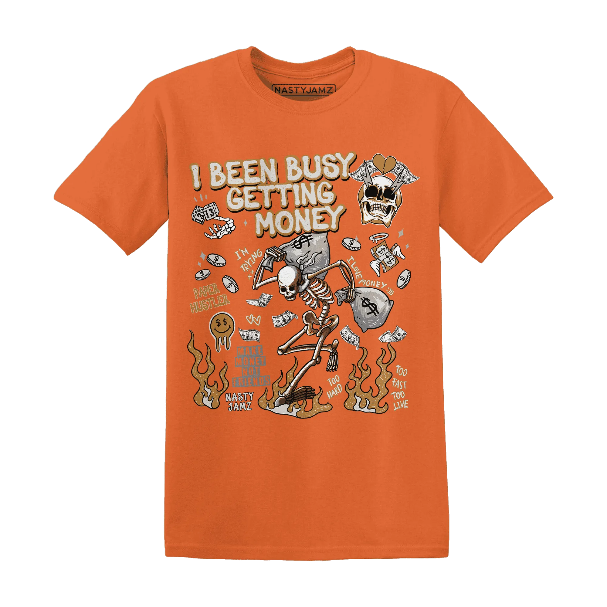 Dunk-Low-Retro-Wheat-Orange-NastyJamz-T-Shirt-Match-Busy-Getting-Money-Skull