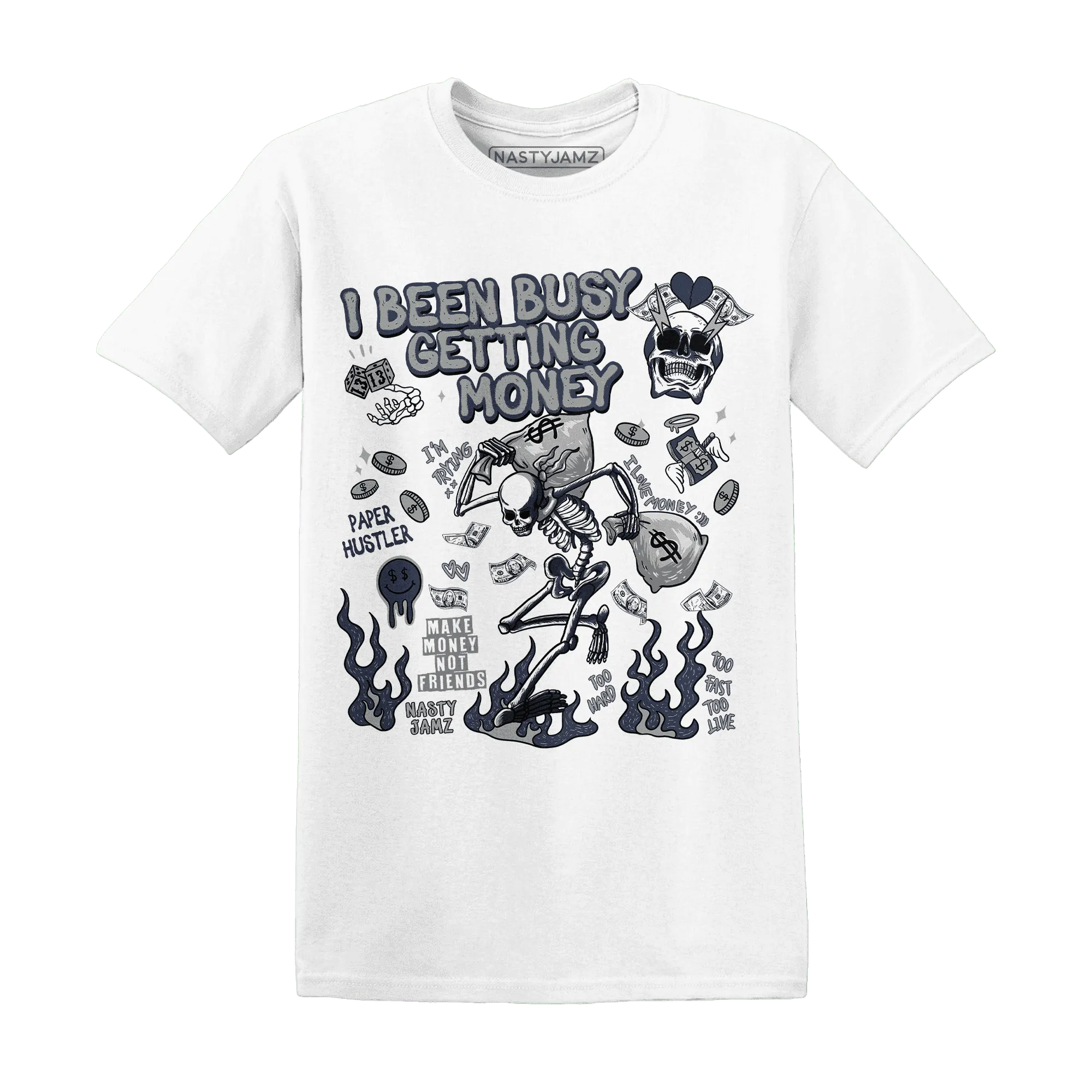 VaporMax-Plus-Midnight-Navy-White-Metallic-Silver-T-Shirt-Match-Busy-Getting-Money-Skull