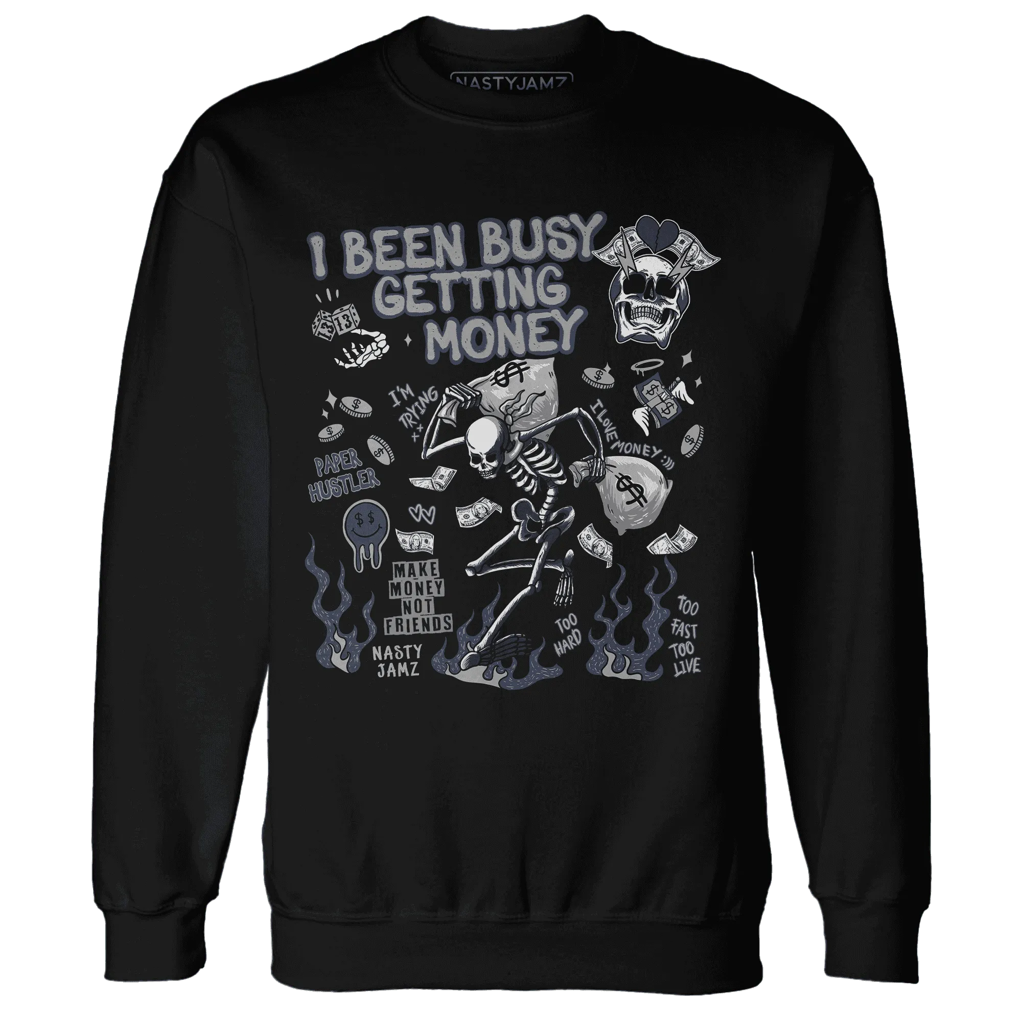 VaporMax-Plus-Midnight-Navy-White-Metallic-Silver-Sweatshirt-Match-Busy-Getting-Money-Skull