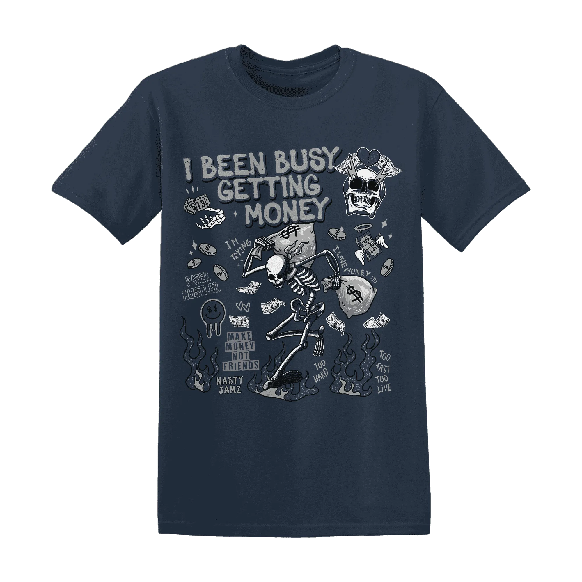 VaporMax-Plus-Midnight-Navy-White-Metallic-Silver-T-Shirt-Match-Busy-Getting-Money-Skull