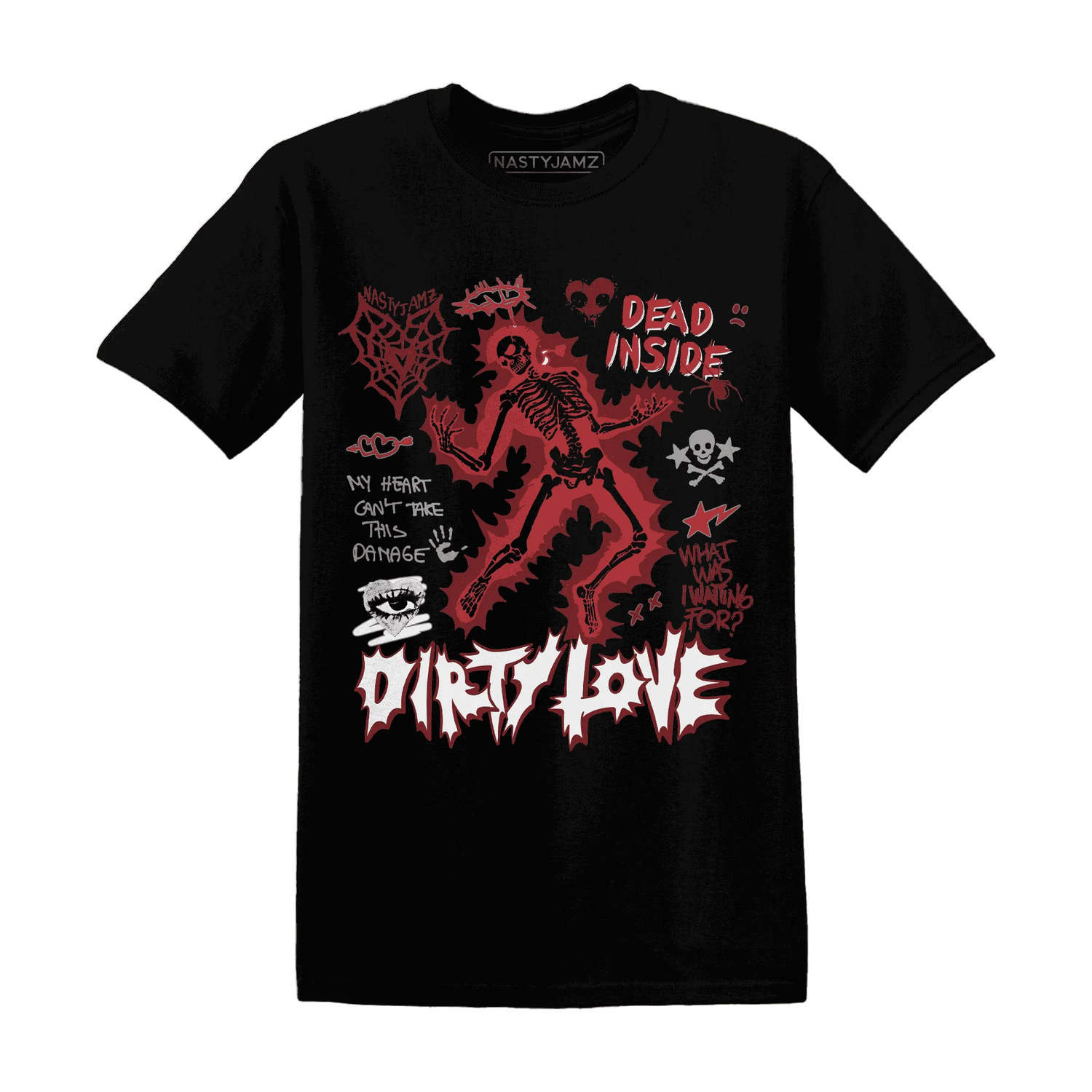 Black-Toe-Reimagined-Red-White-1s-T-Shirt-Match-Dirty-Love-Skull