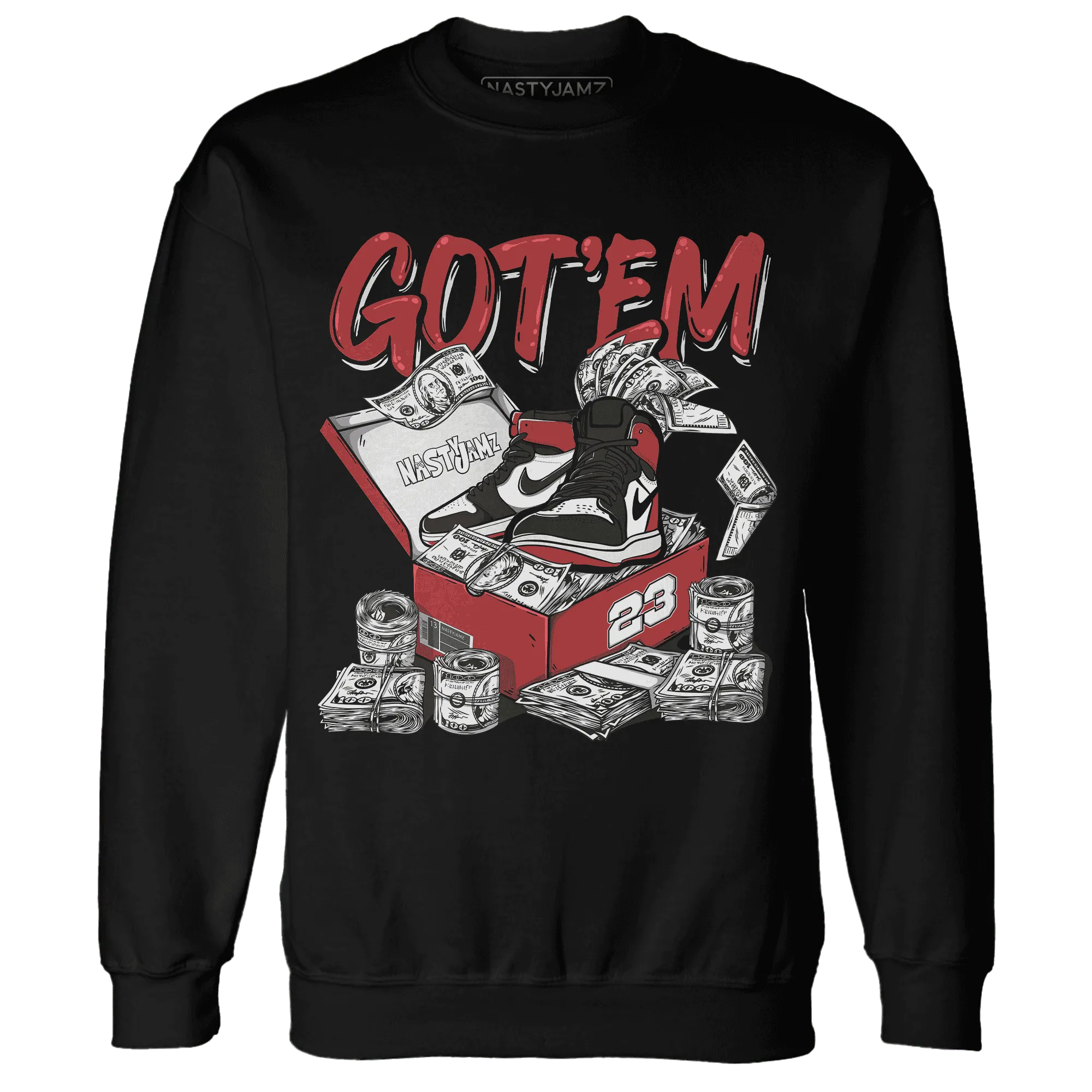 Black-Toe-Reimagined-Red-White-1s-NastyJamz-Sweatshirt-Match-Dollar-Sneaker-Box