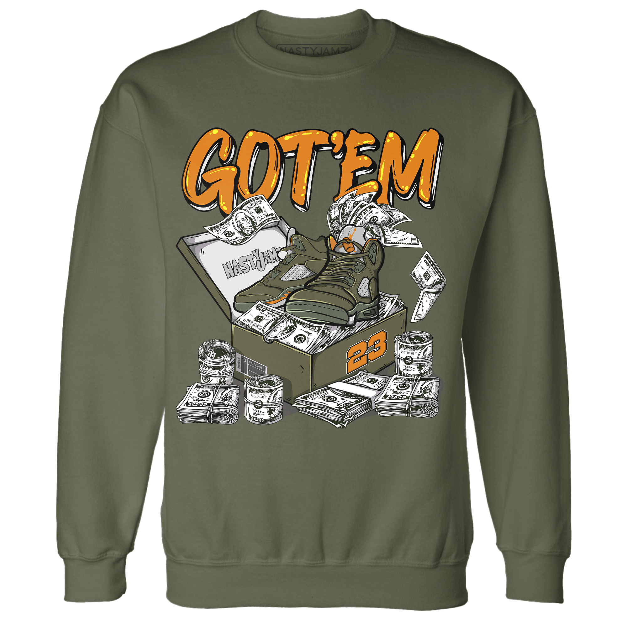 Olive 5s Sweatshirt Match Dollar Sneaker Box - NastyJamz