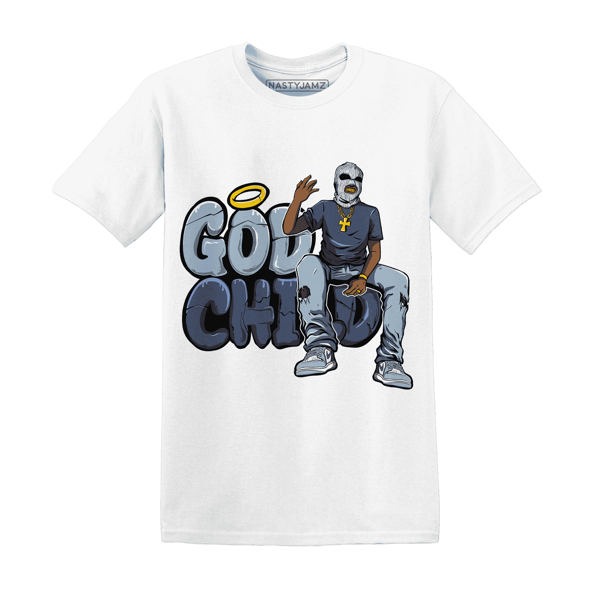 Mid Diffused Blue Grey 1s T Shirt Match God Child - NastyJamz
