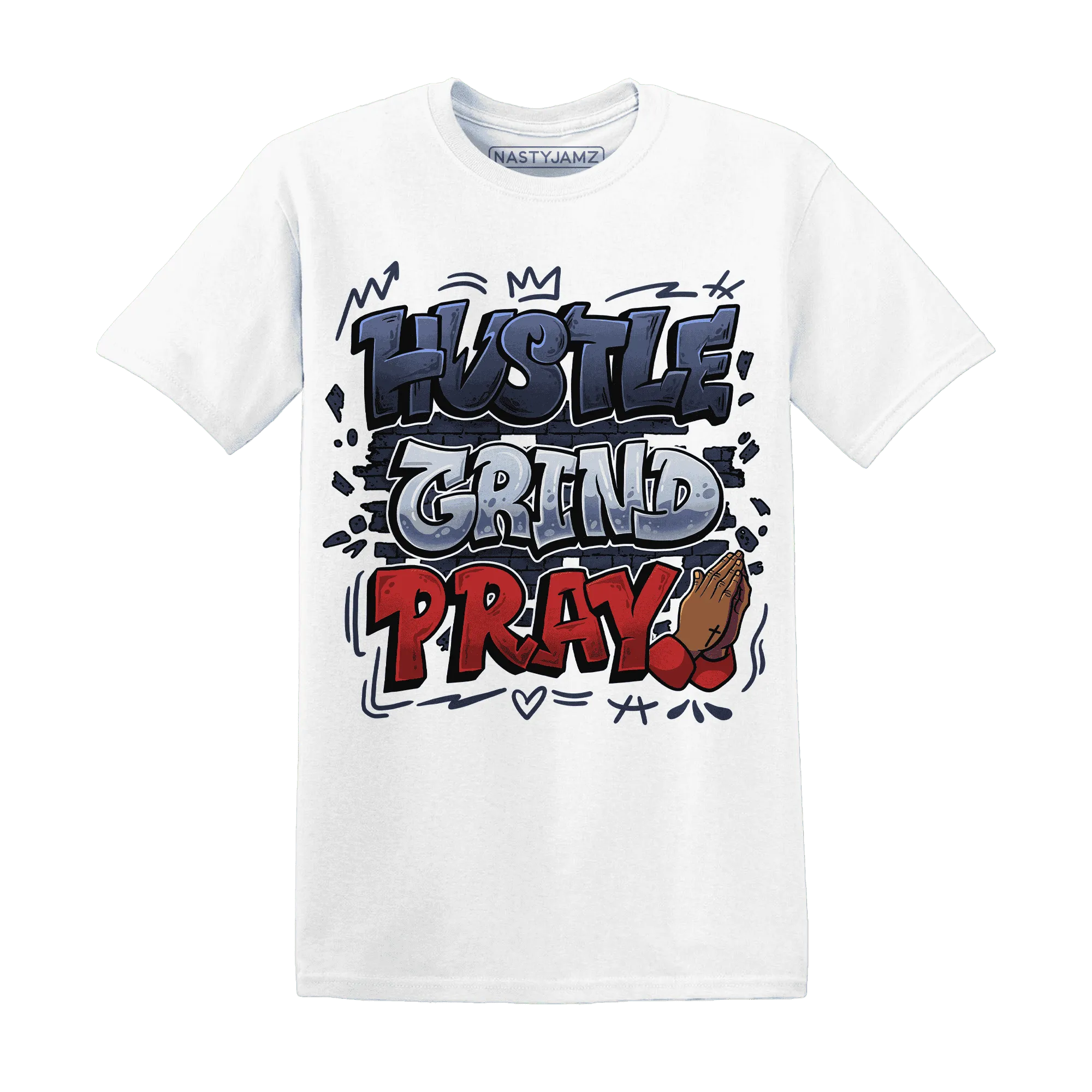 White-Navy-6s-T-Shirt-Match-Hustle-Grind-Pray