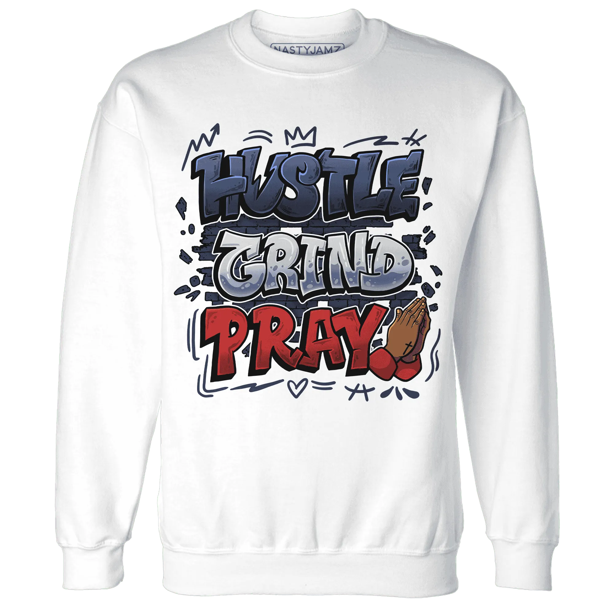 White-Navy-6s-Sweatshirt-Match-Hustle-Grind-Pray