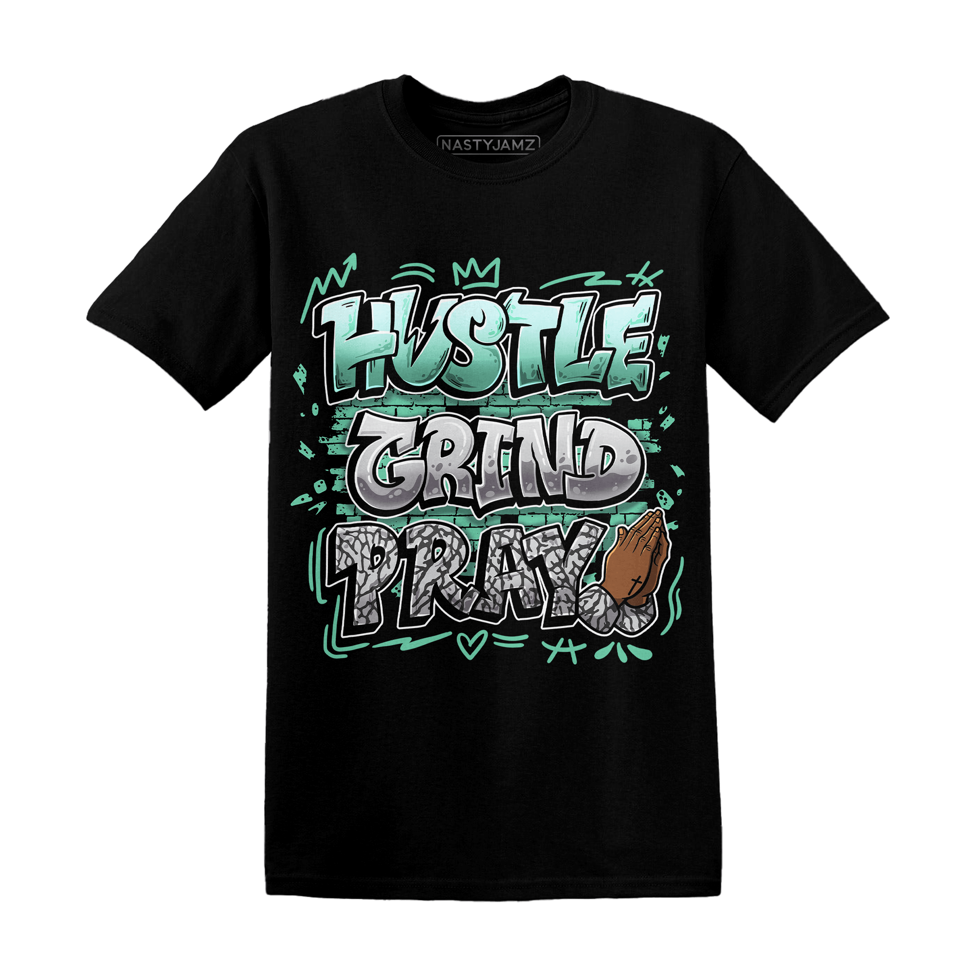 Green Glow 3s T Shirt Match Hustle Grind Pray - NastyJamz