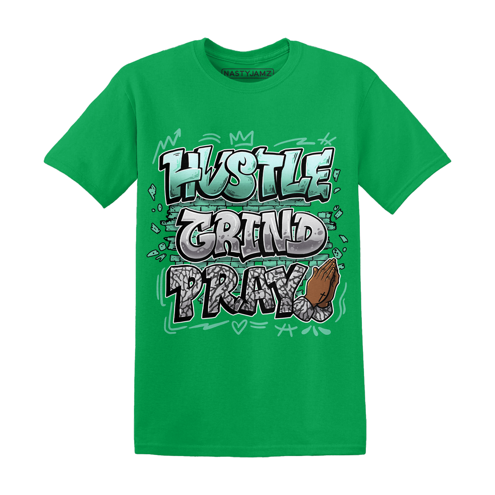 Green Glow 3s T Shirt Match Hustle Grind Pray - NastyJamz