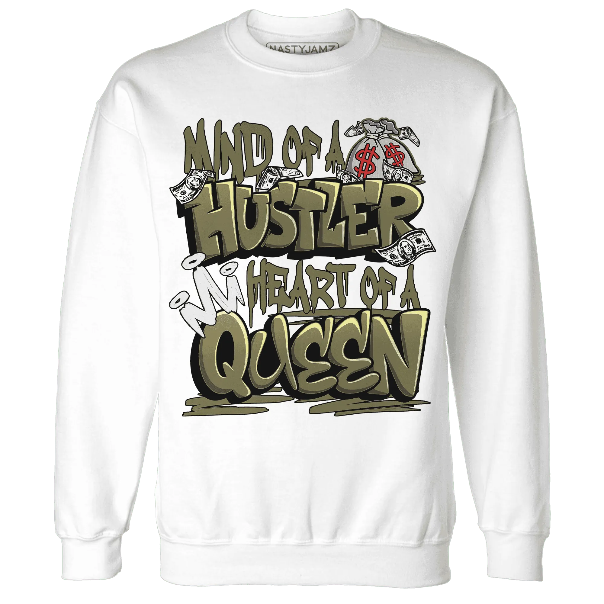 NastyJamz-Medium-Olive-1s-Sweatshirt-Match-Hustler-Heart-Queen